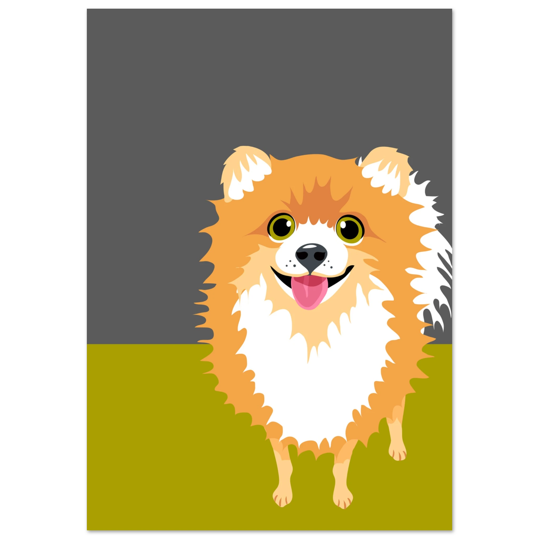 Poster pop art con illustrazione di un volpino, cane soffice e simpatico, decorazione moderna per casa e amanti dei cani.