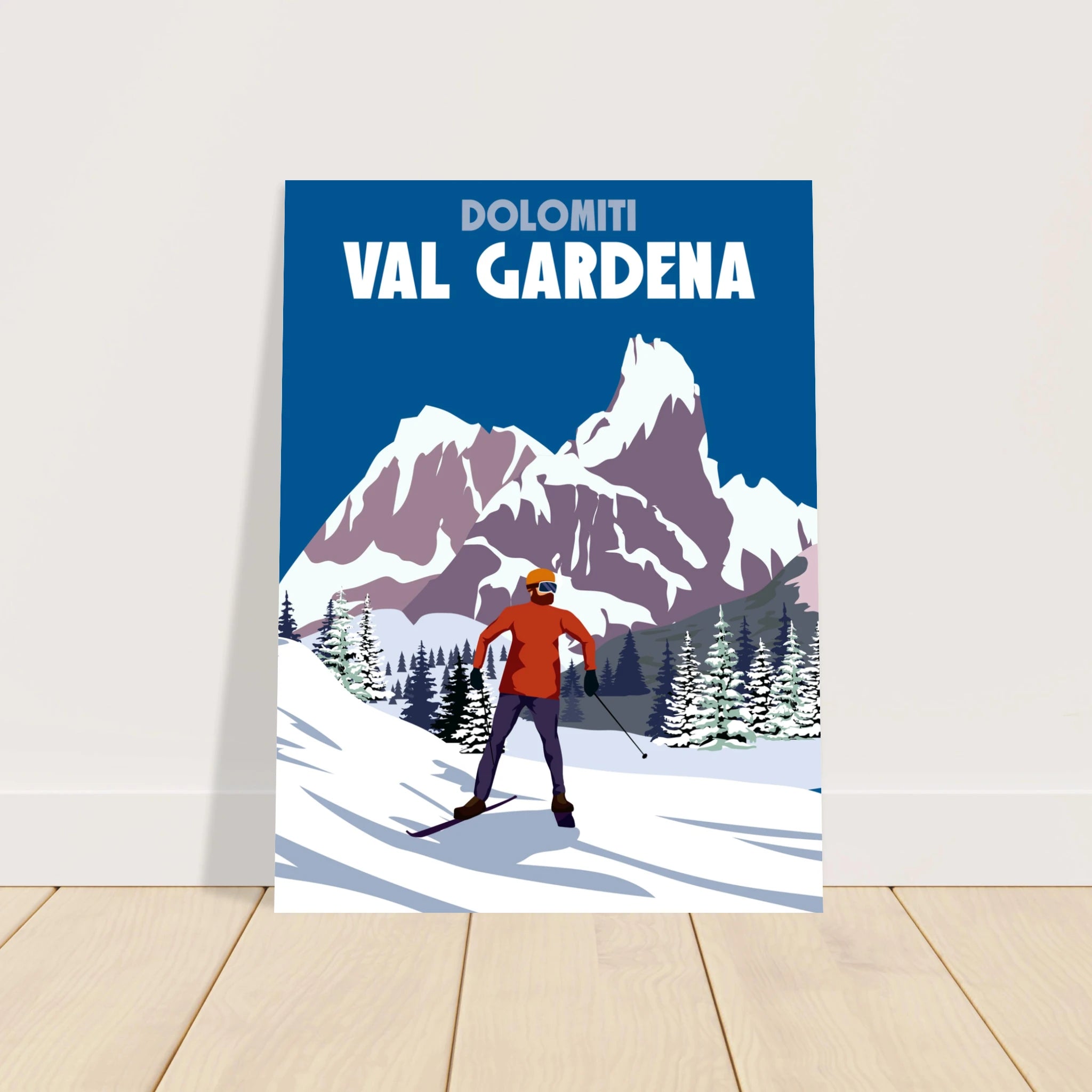 Poster vintage ispirato alla Val Gardena e alle Dolomiti. Arte alpina perfetta per chi ama sci e montagna.