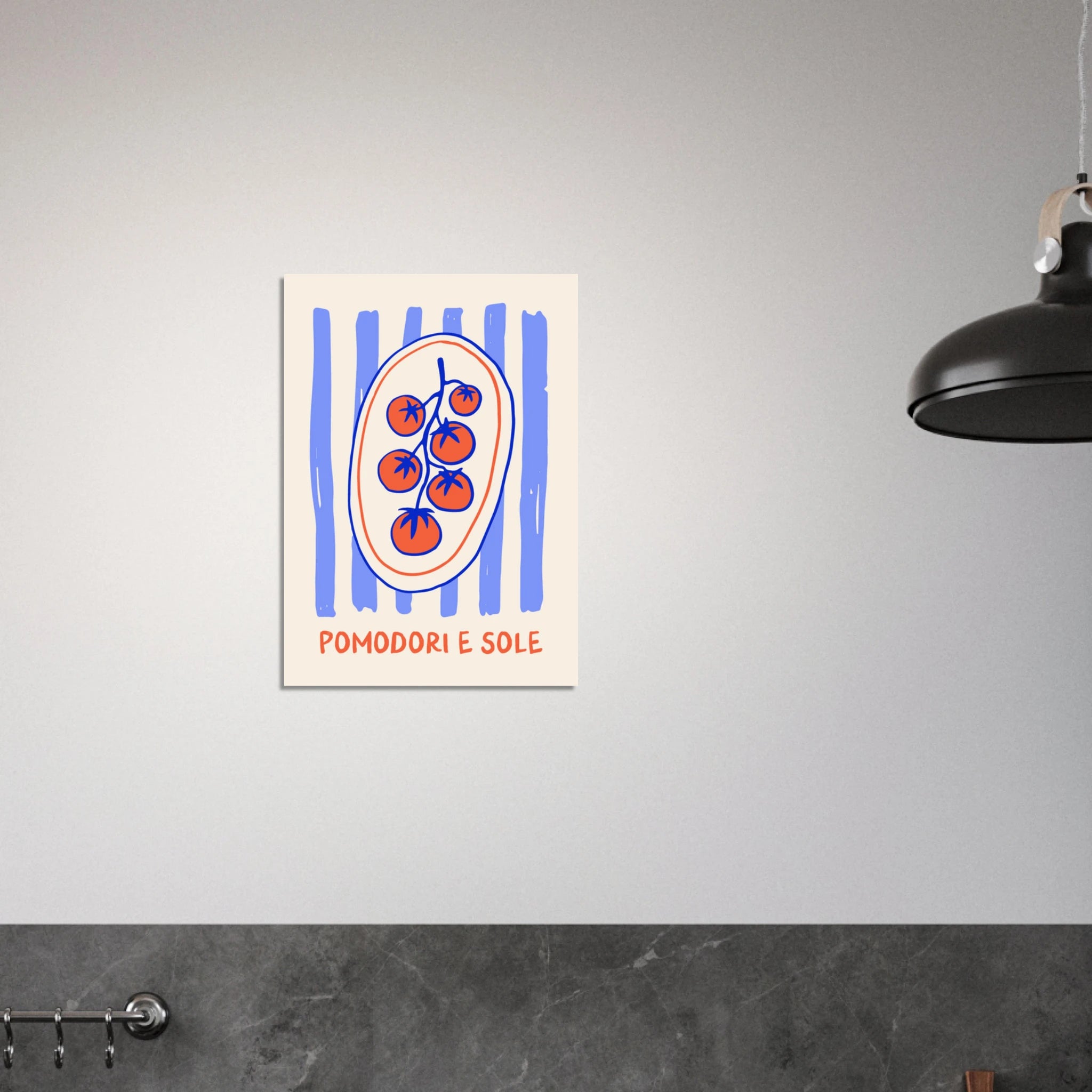 Poster illustrato con pomodori e sole, stile mediterraneo italiano