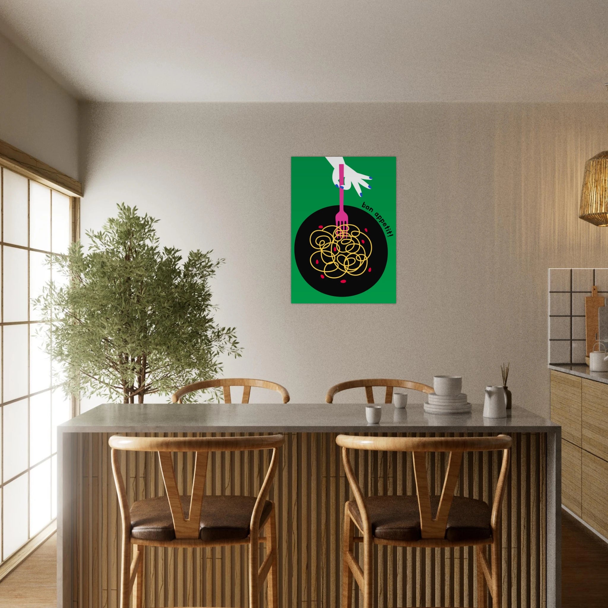 Poster illustrato con piatto di pasta in stile moderno, convivialità italiana