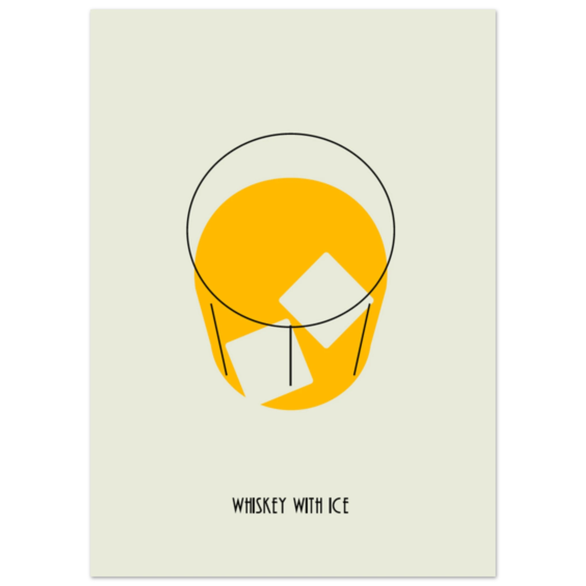 Poster minimal Whiskey with Ice con bicchiere stilizzato e ghiaccio, design moderno elegante