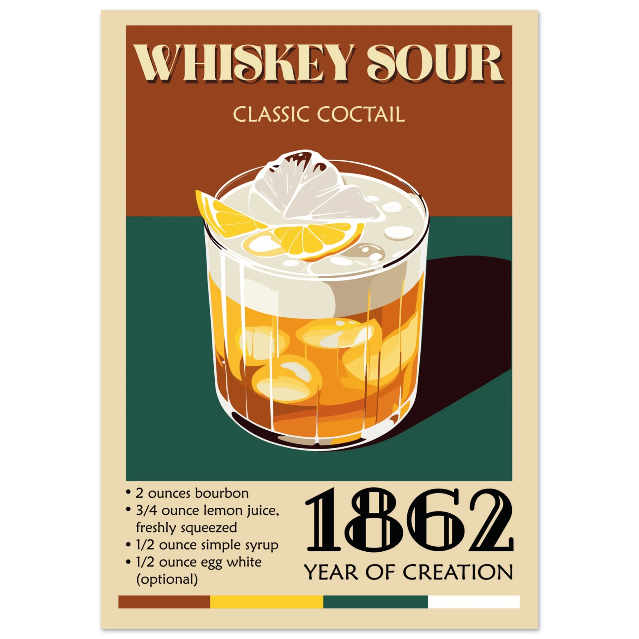 Poster Whiskey Sour vintage con bicchiere cocktail e limone, stile retrò elegante per bar di casa