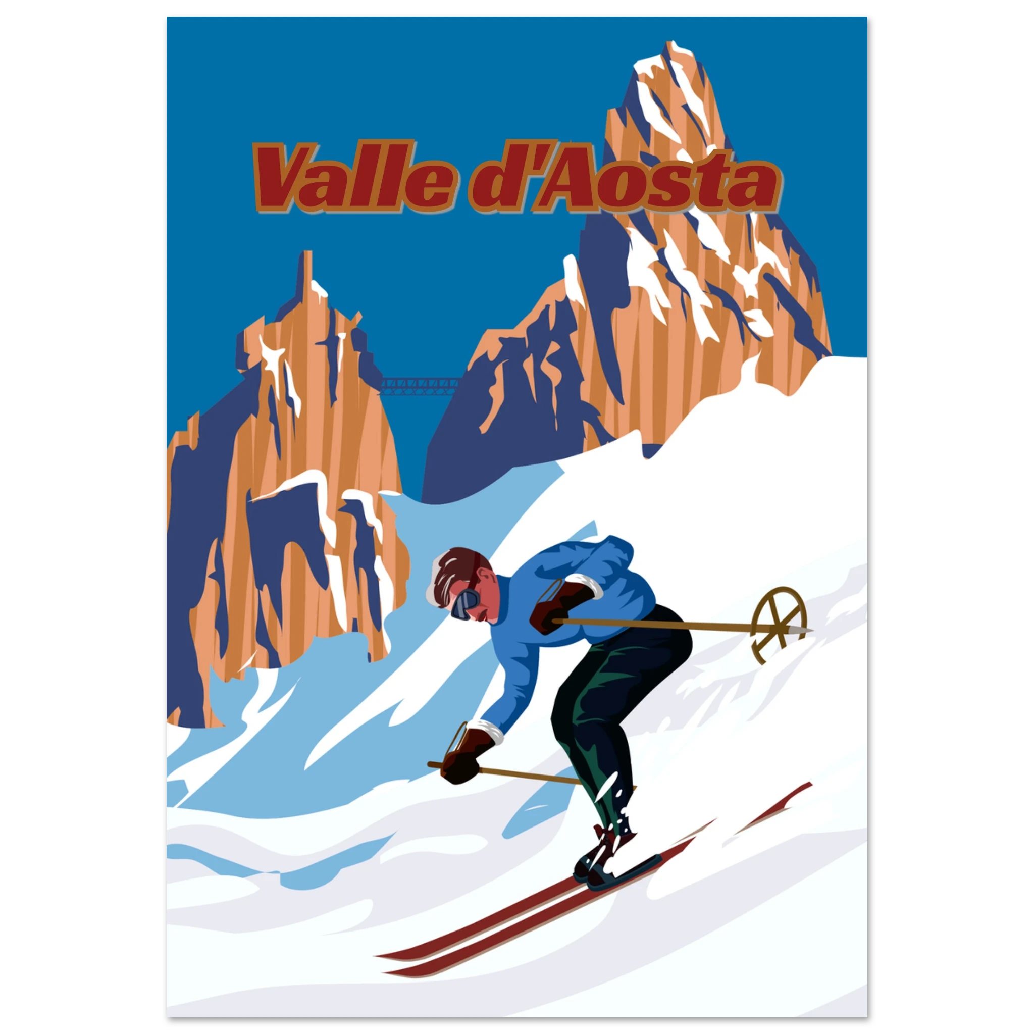 Poster Valle d’Aosta con sciatore in discesa e montagne alpine, illustrazione grafica moderna stile travel vintage wall art

