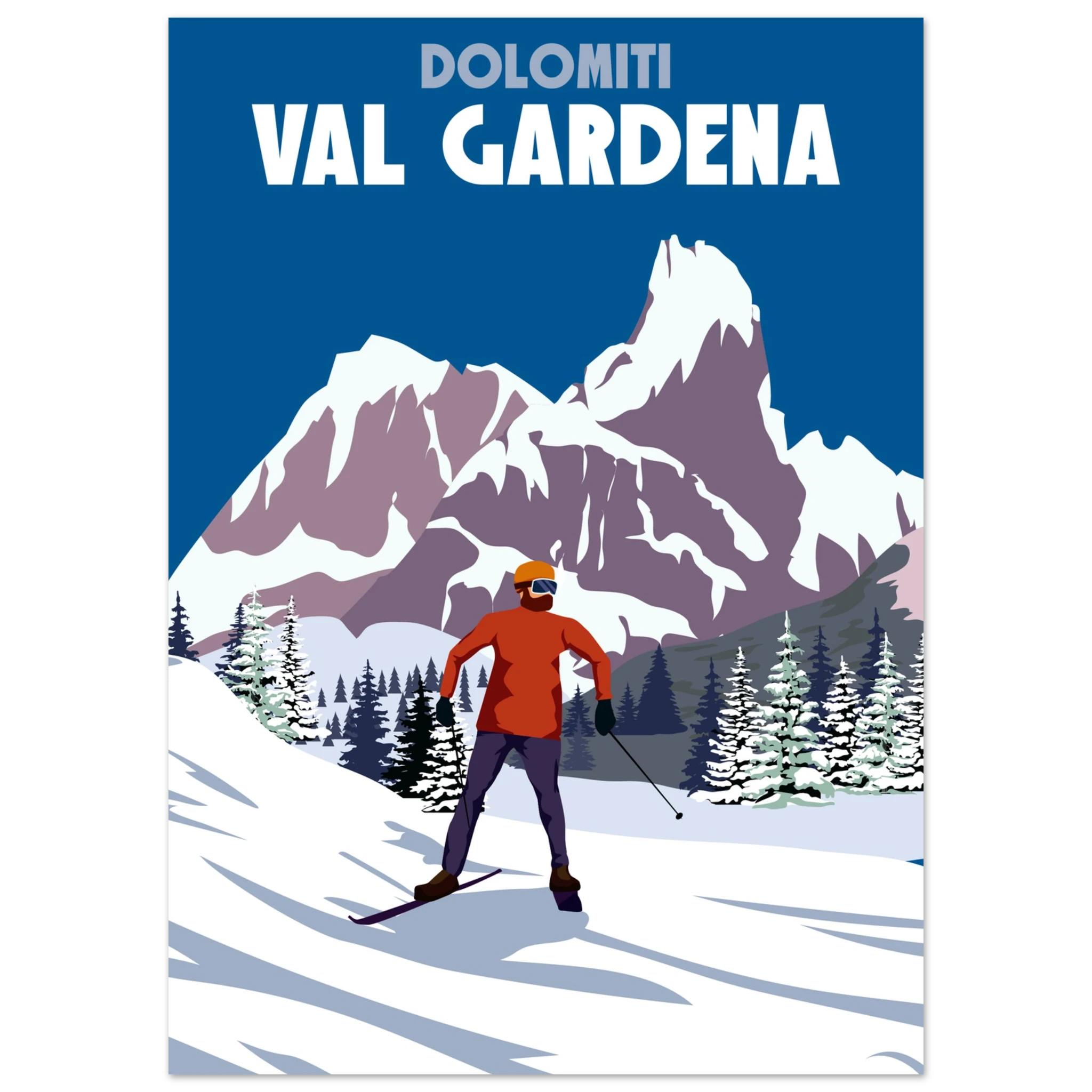 Poster vintage ispirato alla Val Gardena e alle Dolomiti. Arte alpina perfetta per chi ama sci e montagna.