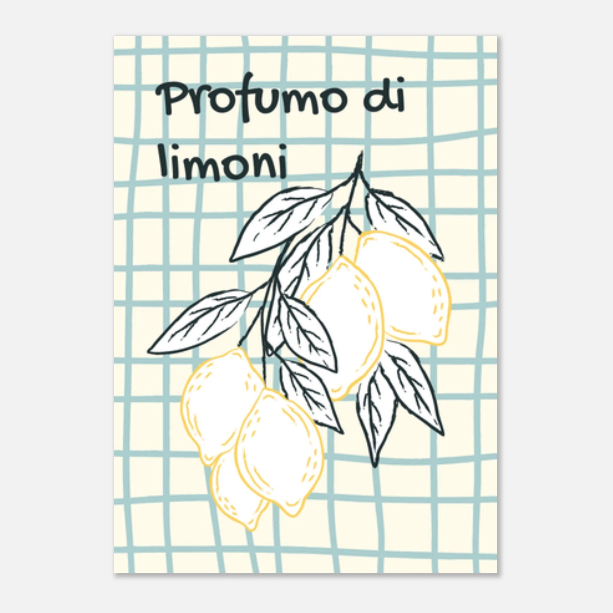 Poster illustrato con limoni e foglie, stile mediterraneo italiano