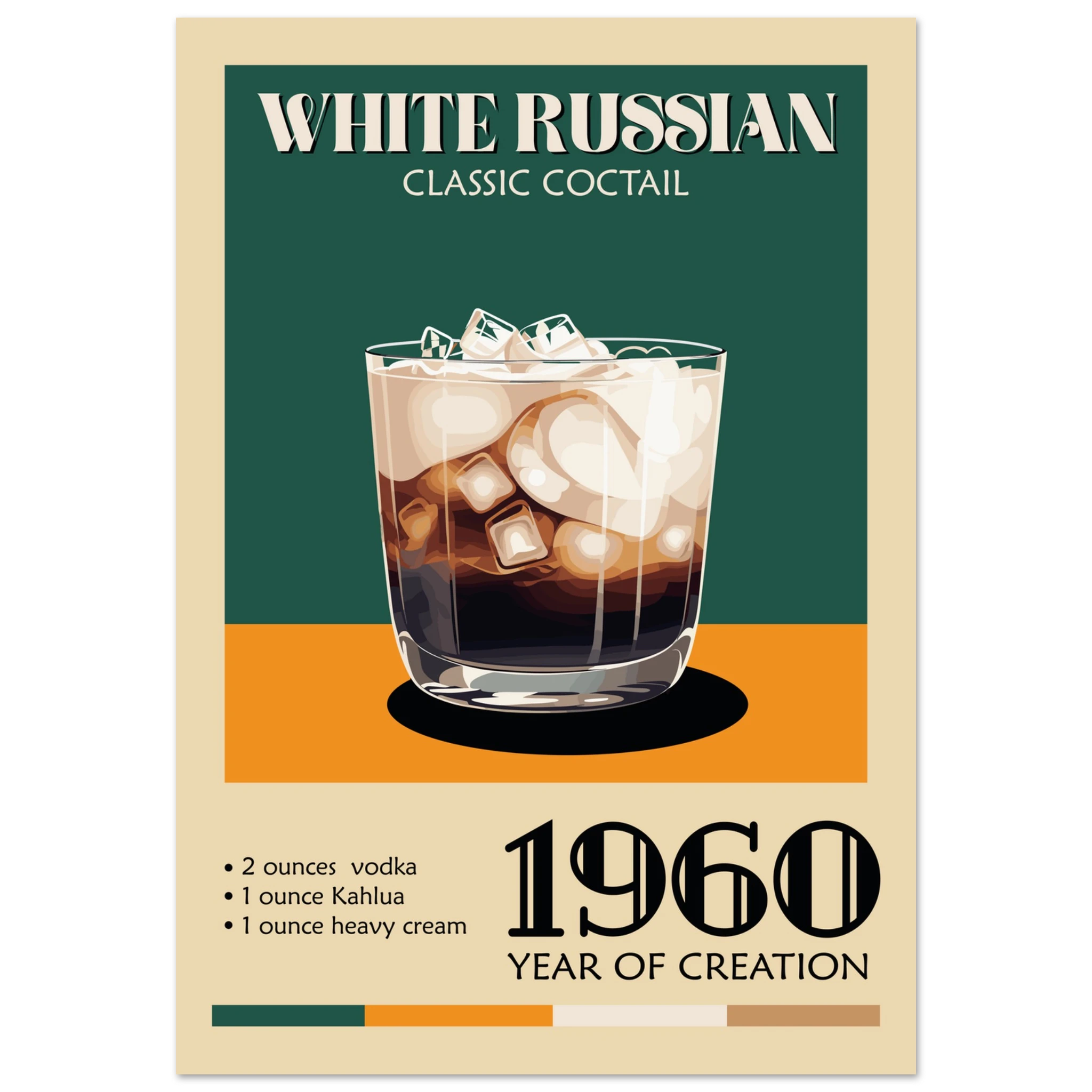 Poster White Russian vintage con bicchiere cocktail e scritta classic cocktail, grafica retrò da bar elegante