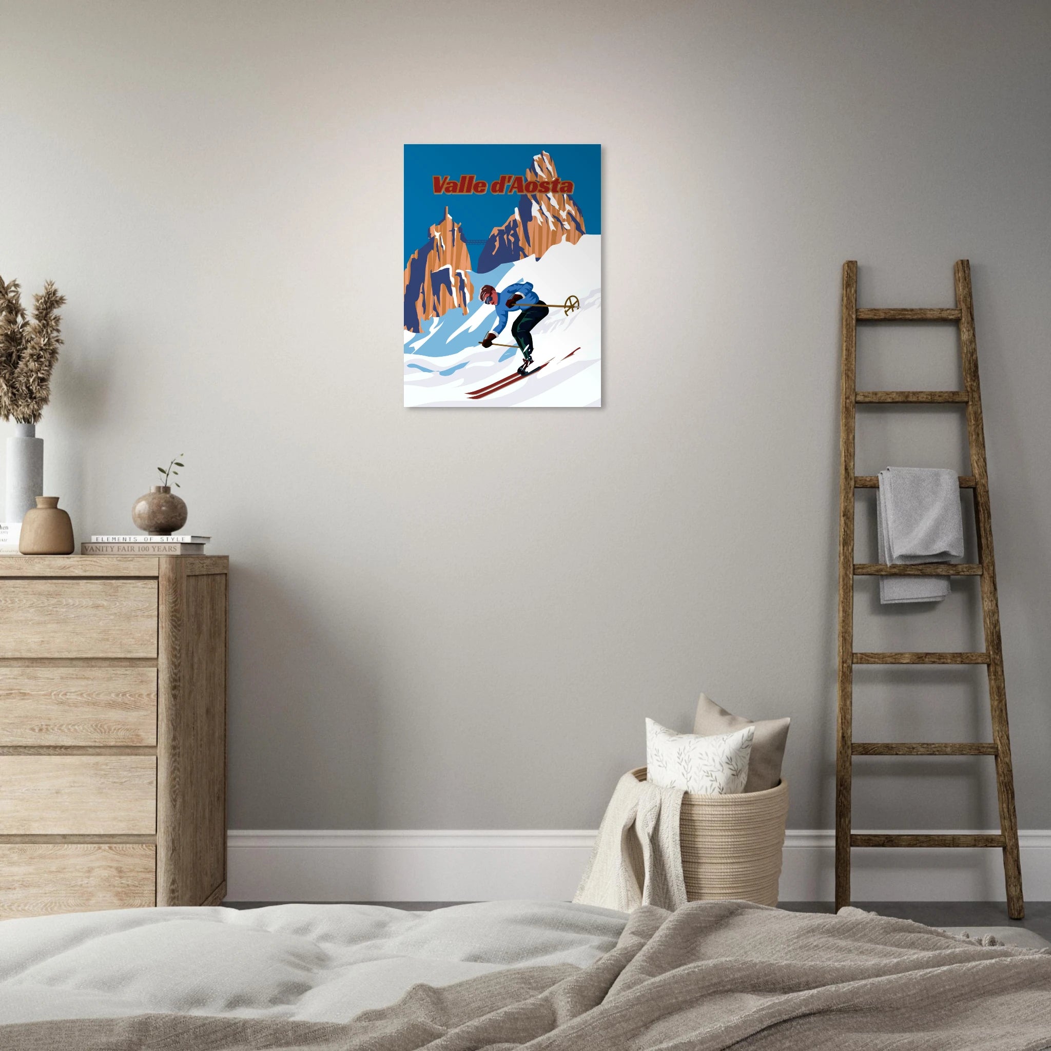 Poster Valle d’Aosta con sciatore in discesa e montagne alpine, illustrazione grafica moderna stile travel vintage wall art
