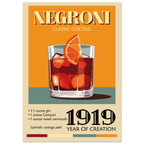 Poster illustrato Negroni in stile vintage con cocktail rosso, arancia e ricetta, perfetto per decorare un angolo bar o cucina moderna.