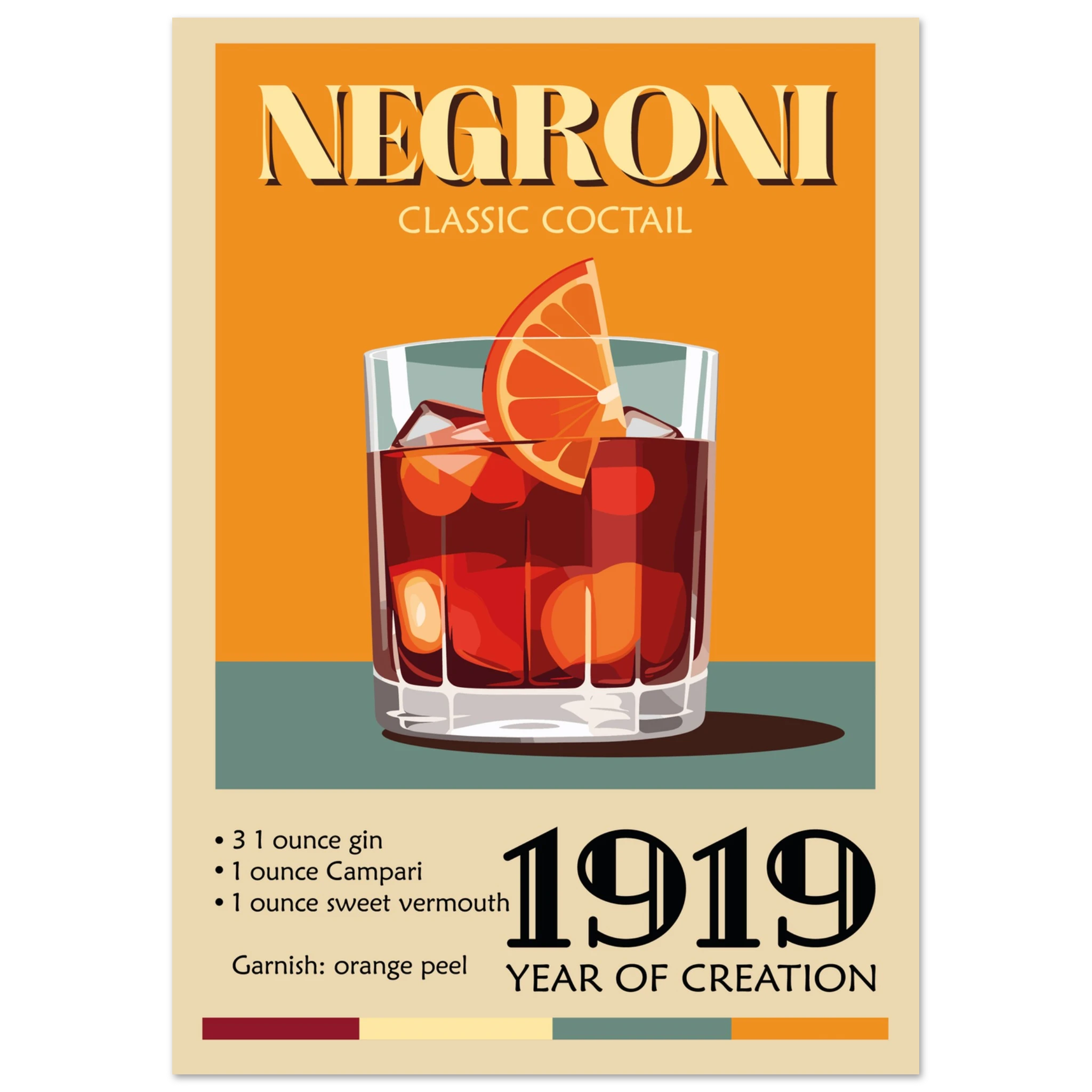 Poster illustrato Negroni in stile vintage con cocktail rosso, arancia e ricetta, perfetto per decorare un angolo bar o cucina moderna.