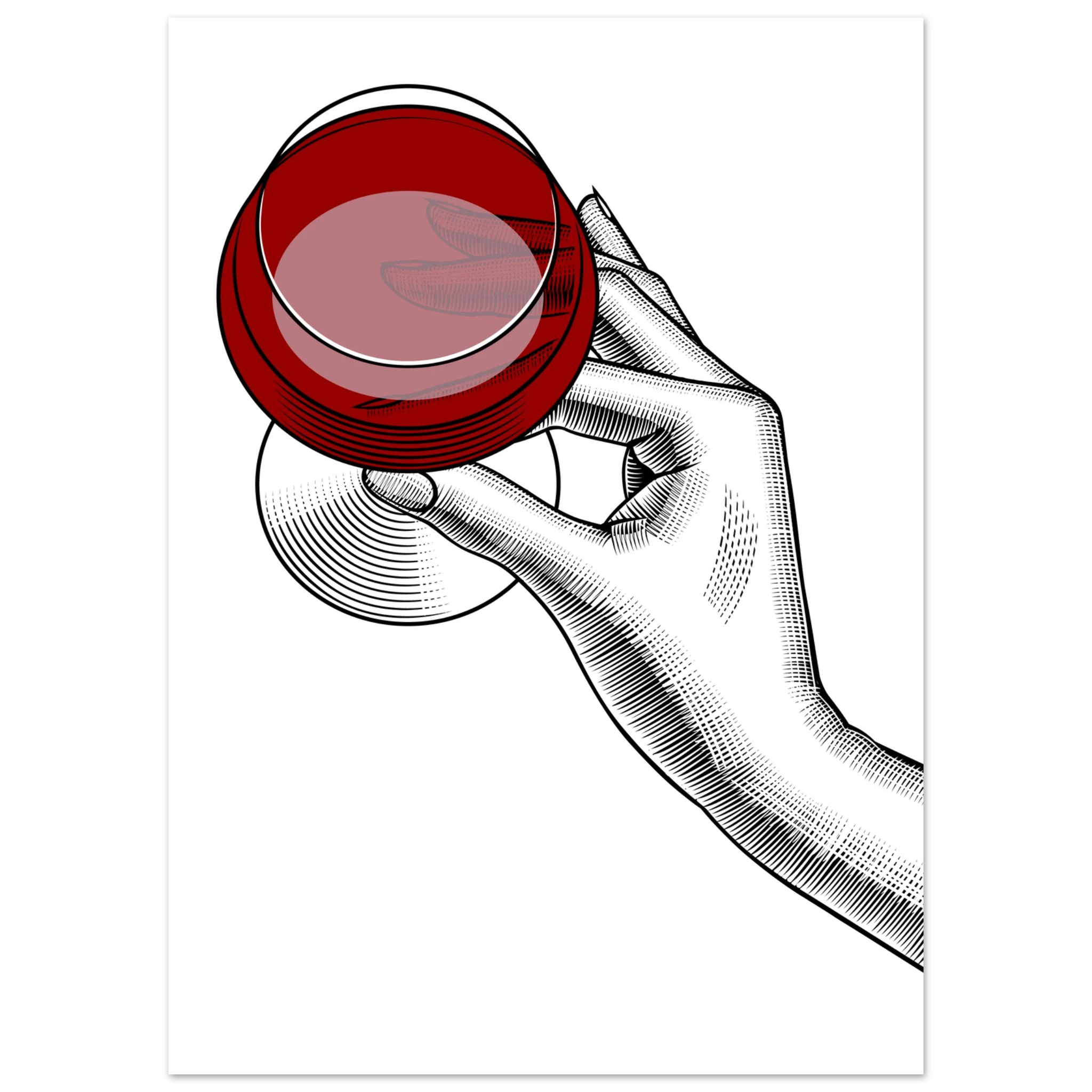 Poster minimal con mano illustrata che regge un bicchiere di vino rosso, line art moderna