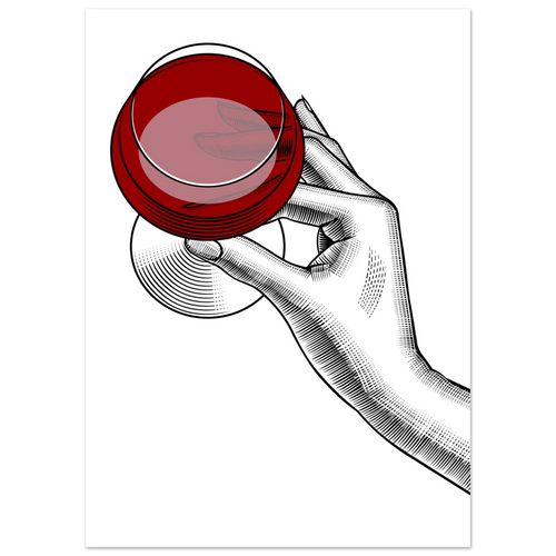 Poster minimal con mano illustrata che regge un bicchiere di vino rosso, line art moderna