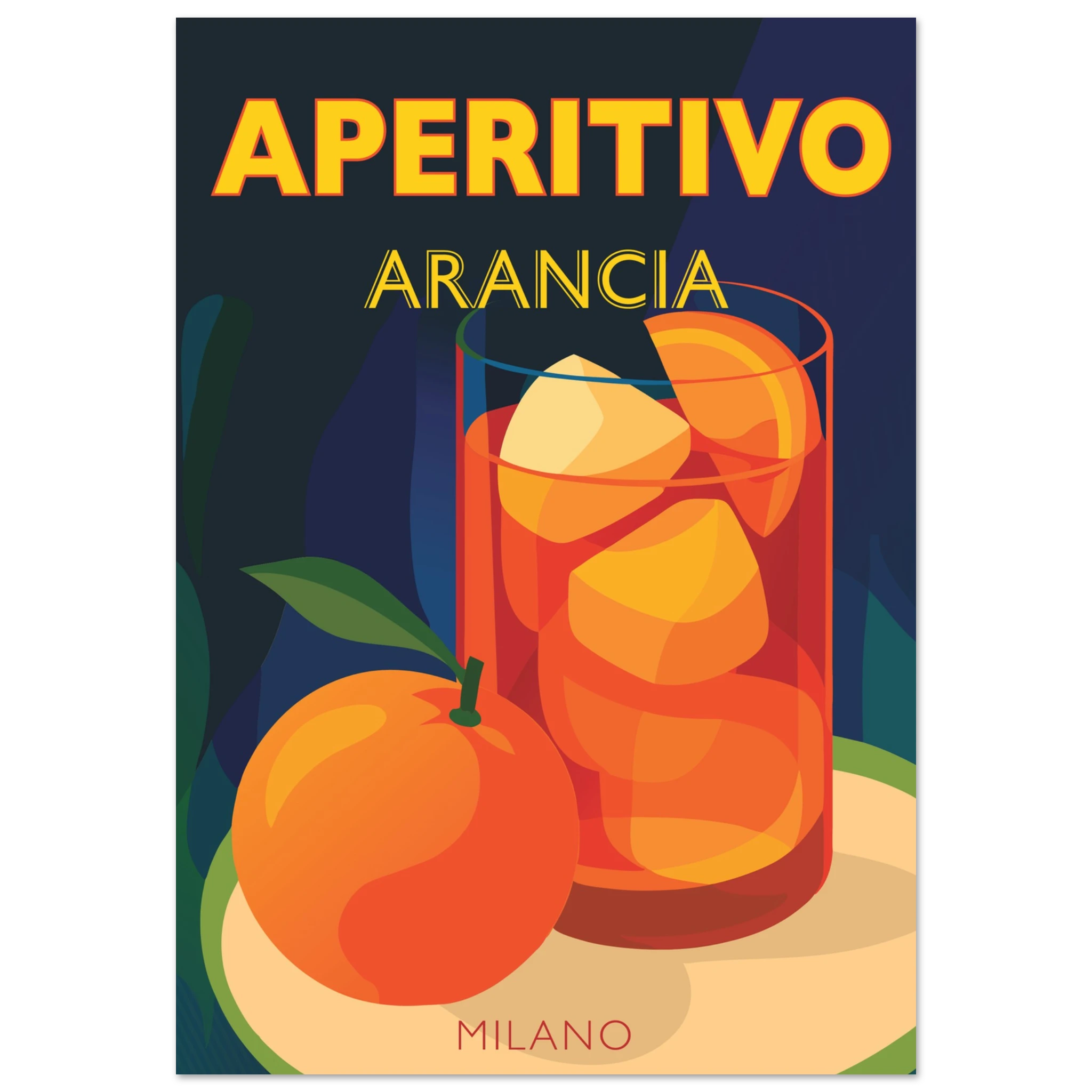 Poster Aperol Spritz in stile manifesto vintage con bicchiere arancione, grafica rétro italiana da parete.