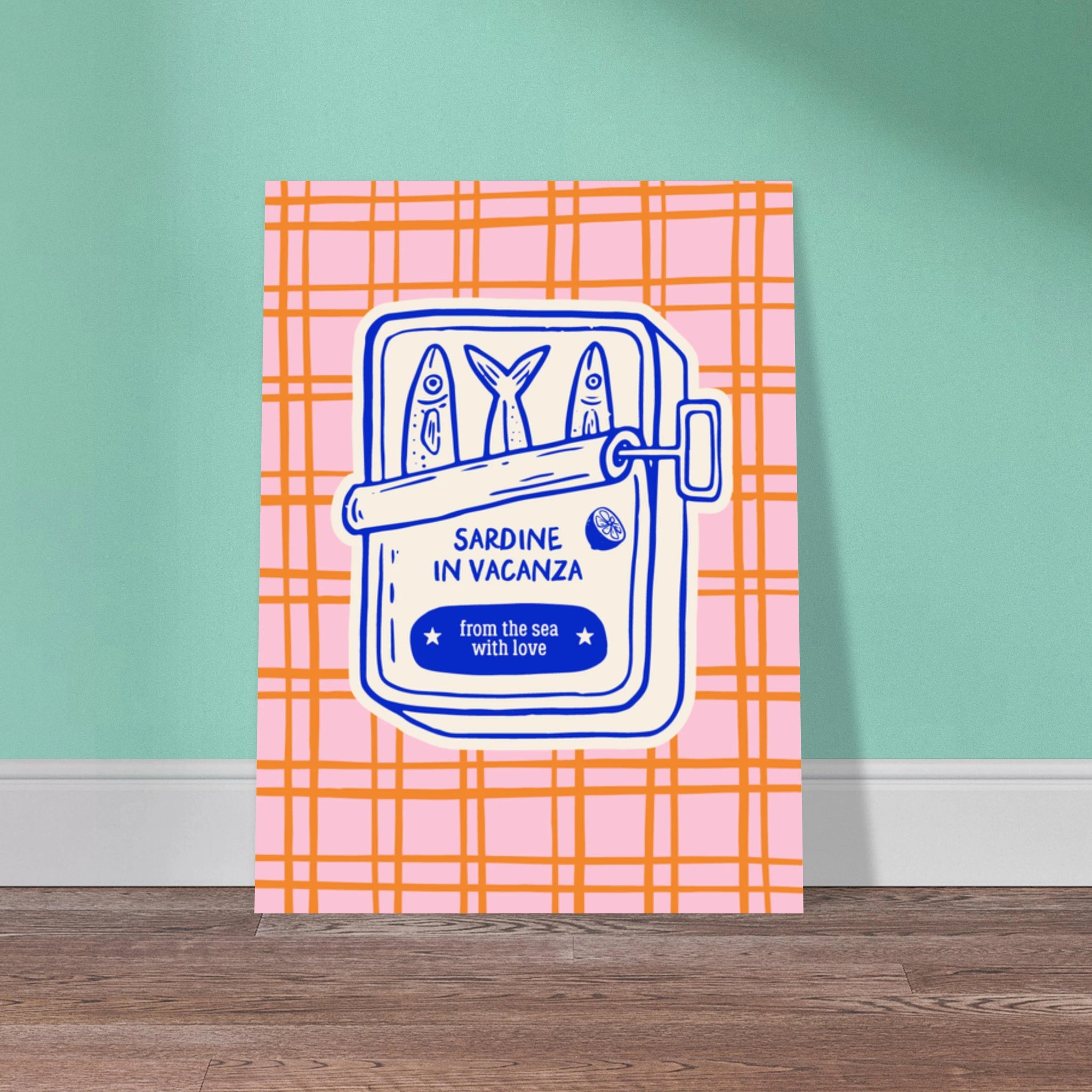 Poster illustrato con sardine e mare, stile di vita mediterraneo italiano