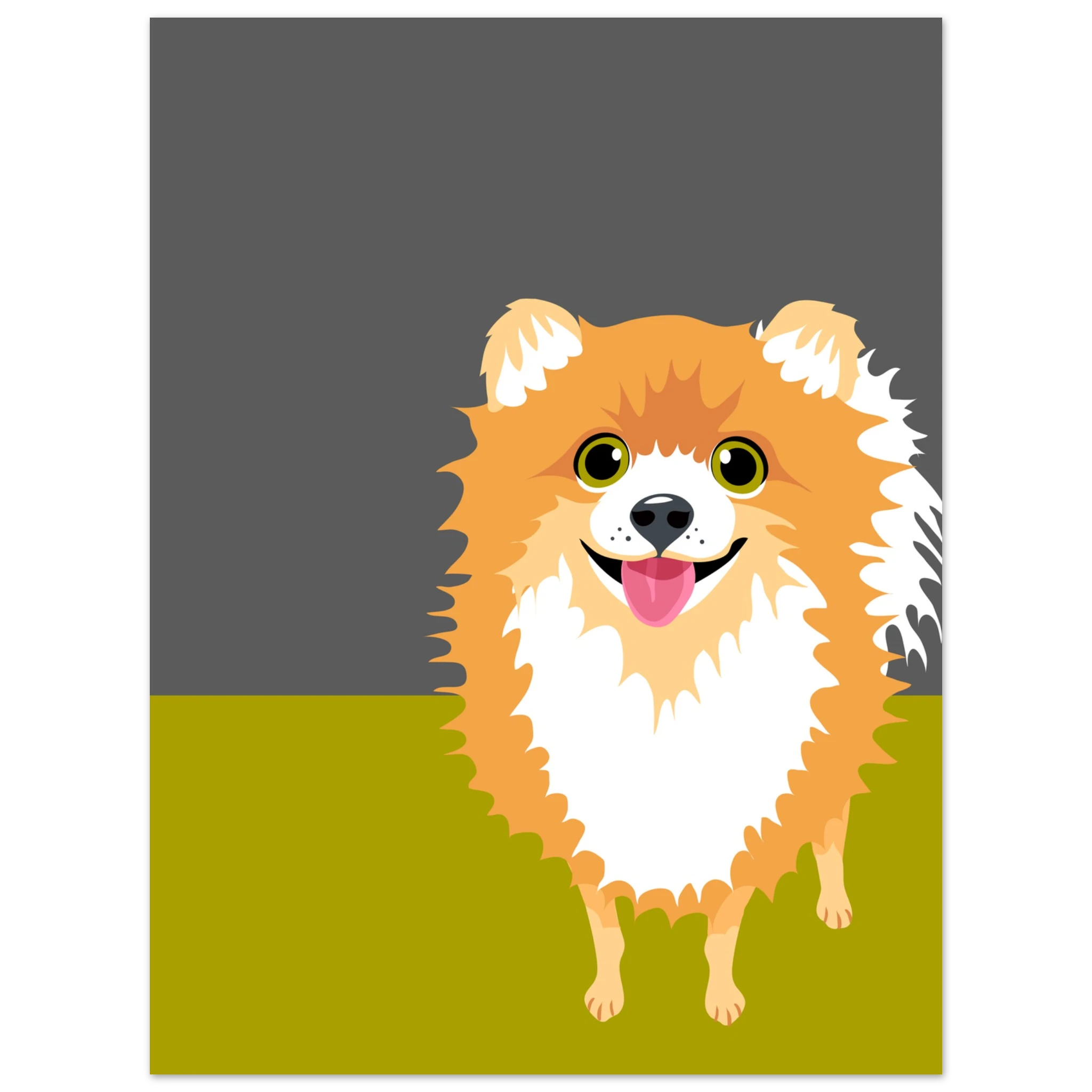 Poster pop art con illustrazione di un volpino, cane soffice e simpatico, decorazione moderna per casa e amanti dei cani.