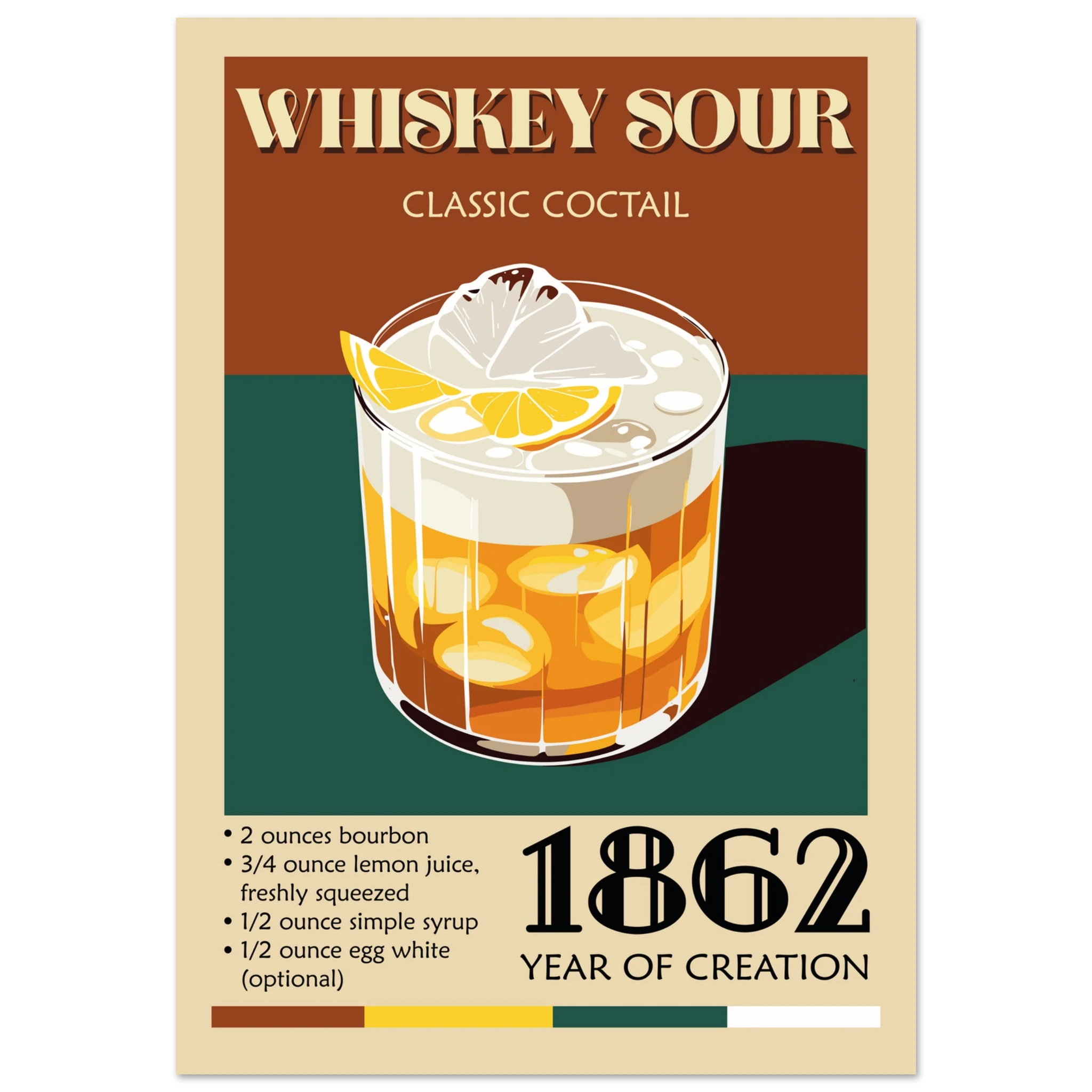 Poster Whiskey Sour vintage con bicchiere cocktail e limone, stile retrò elegante per bar di casa