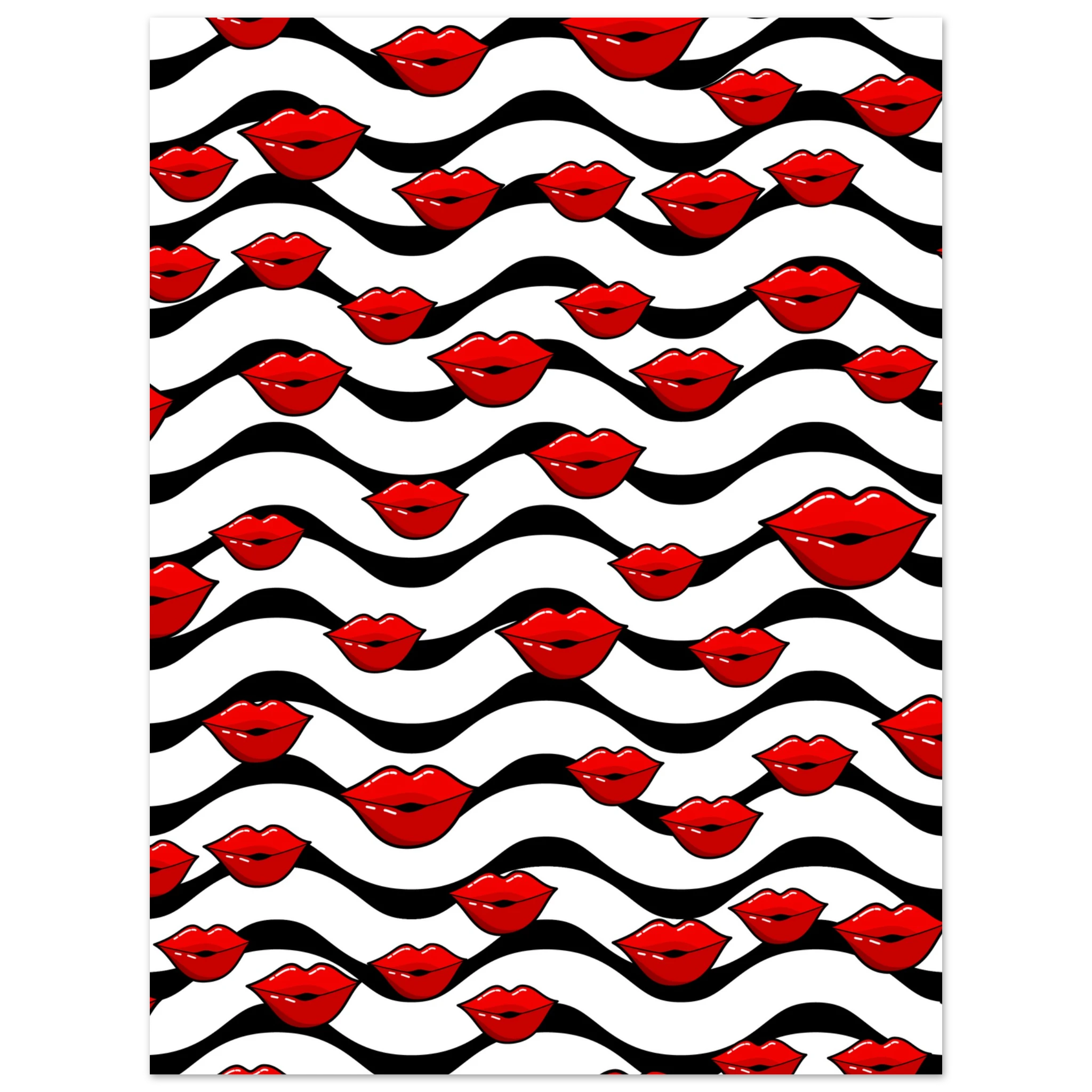 Poster pop art con labbra rosse ripetute su sfondo bianco e onde nere, pattern grafico moderno da parete