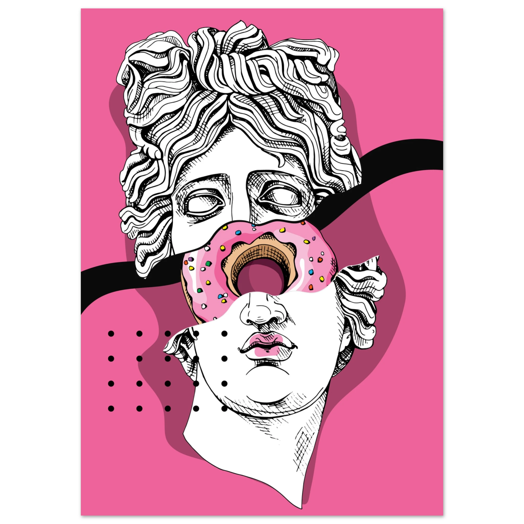 Poster pop art con statua classica bianca e donut rosa sull’occhio, sfondo fucsia, arte contemporanea ironica