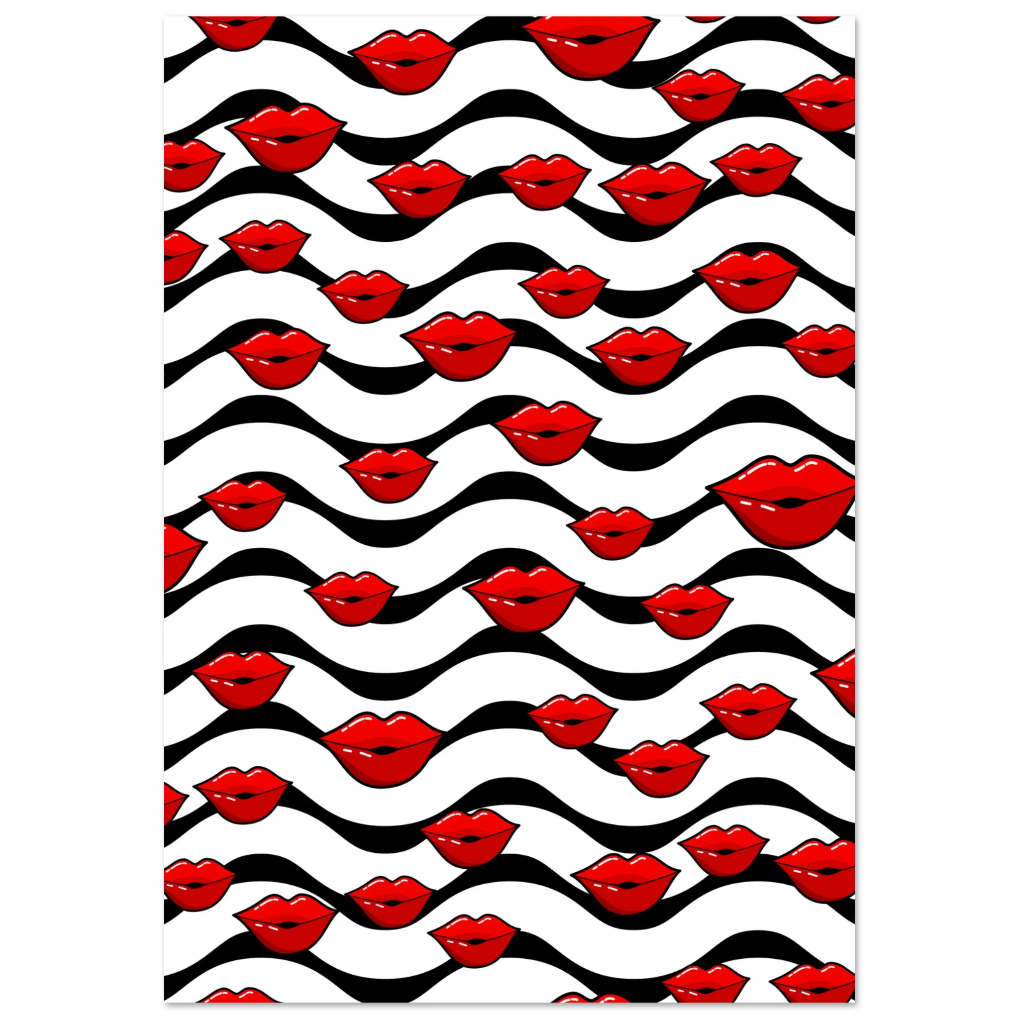 Poster pop art con labbra rosse ripetute su sfondo bianco e onde nere, pattern grafico moderno da parete