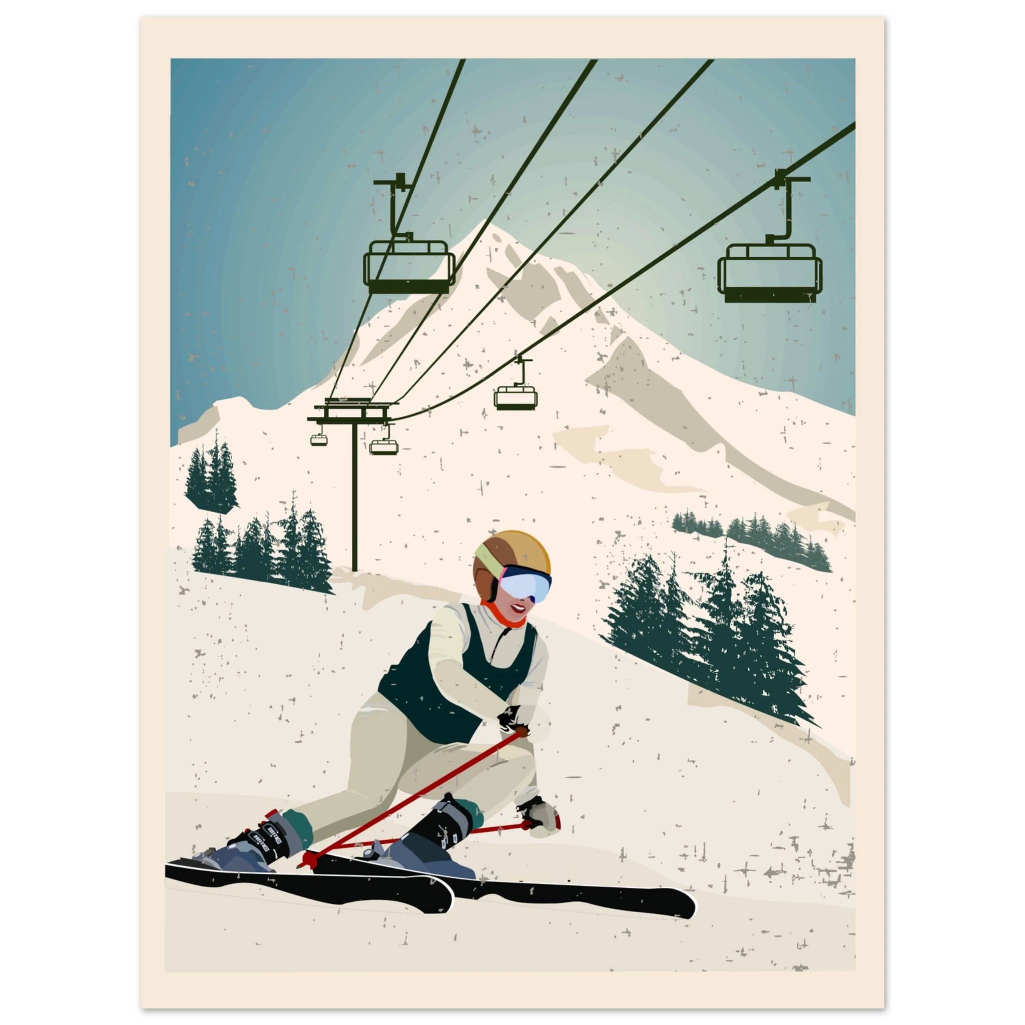 Poster Discesa Alpina con sciatore in discesa e paesaggio montano innevato, arte grafica moderna wall art sportiva
