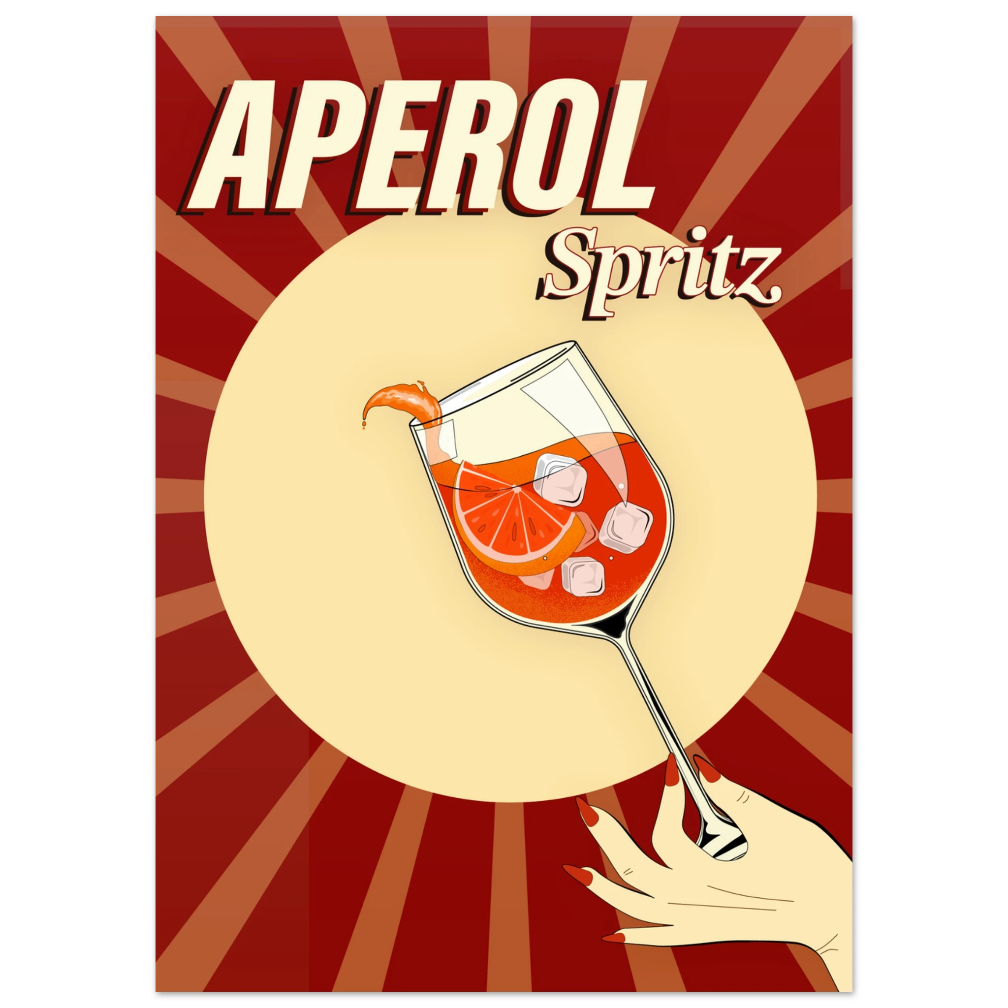 Poster Aperol Spritz vintage pop con raggi rétro e bicchiere cocktail, wall art aperitivo italiano