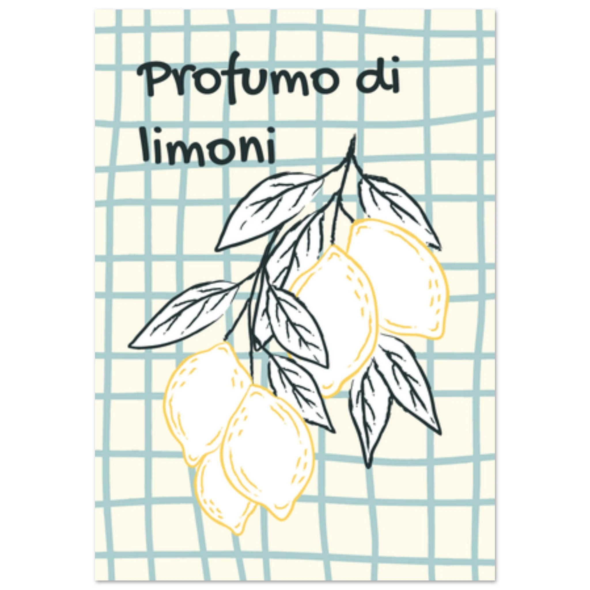 Poster illustrato con limoni e foglie, stile mediterraneo italiano