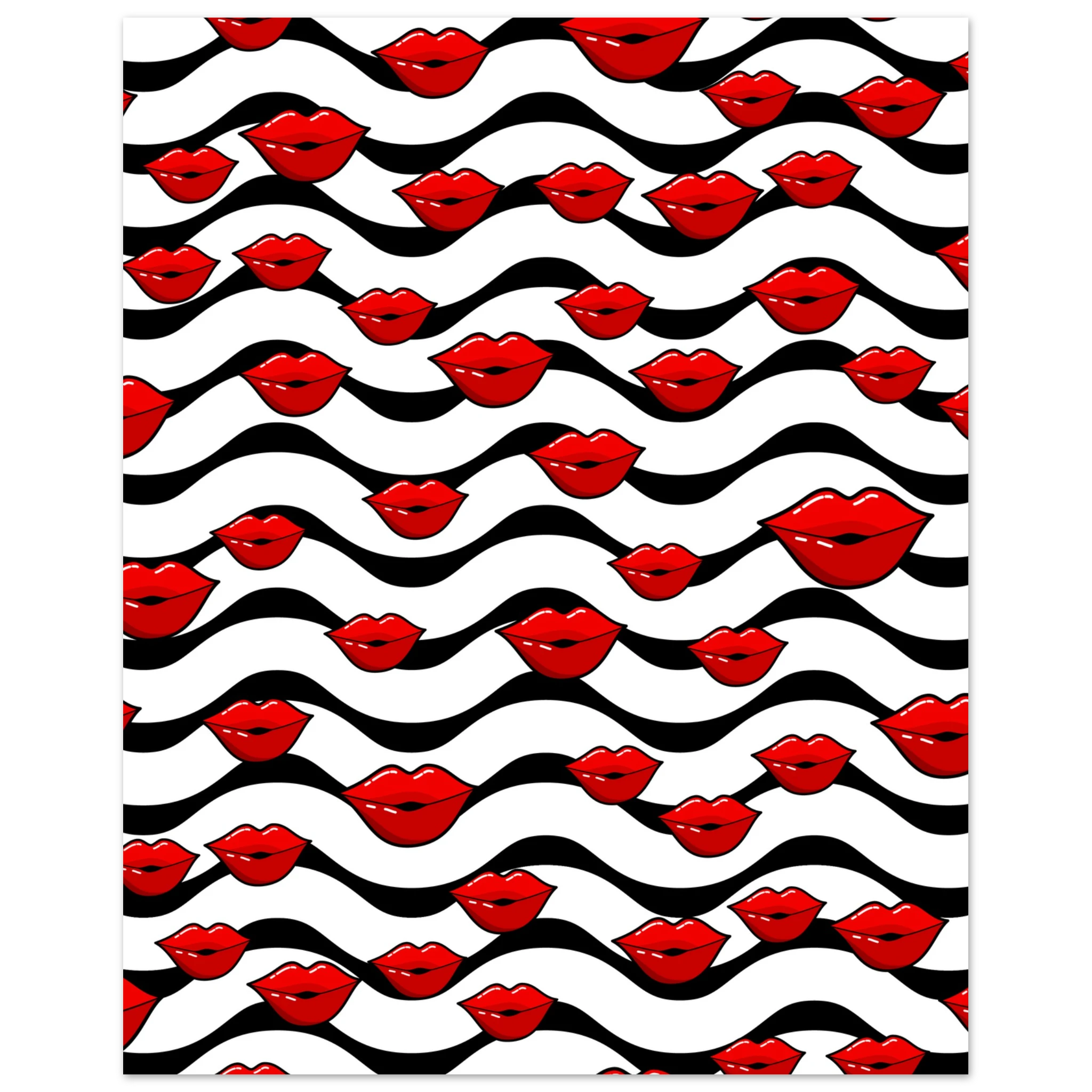 Poster pop art con labbra rosse ripetute su sfondo bianco e onde nere, pattern grafico moderno da parete