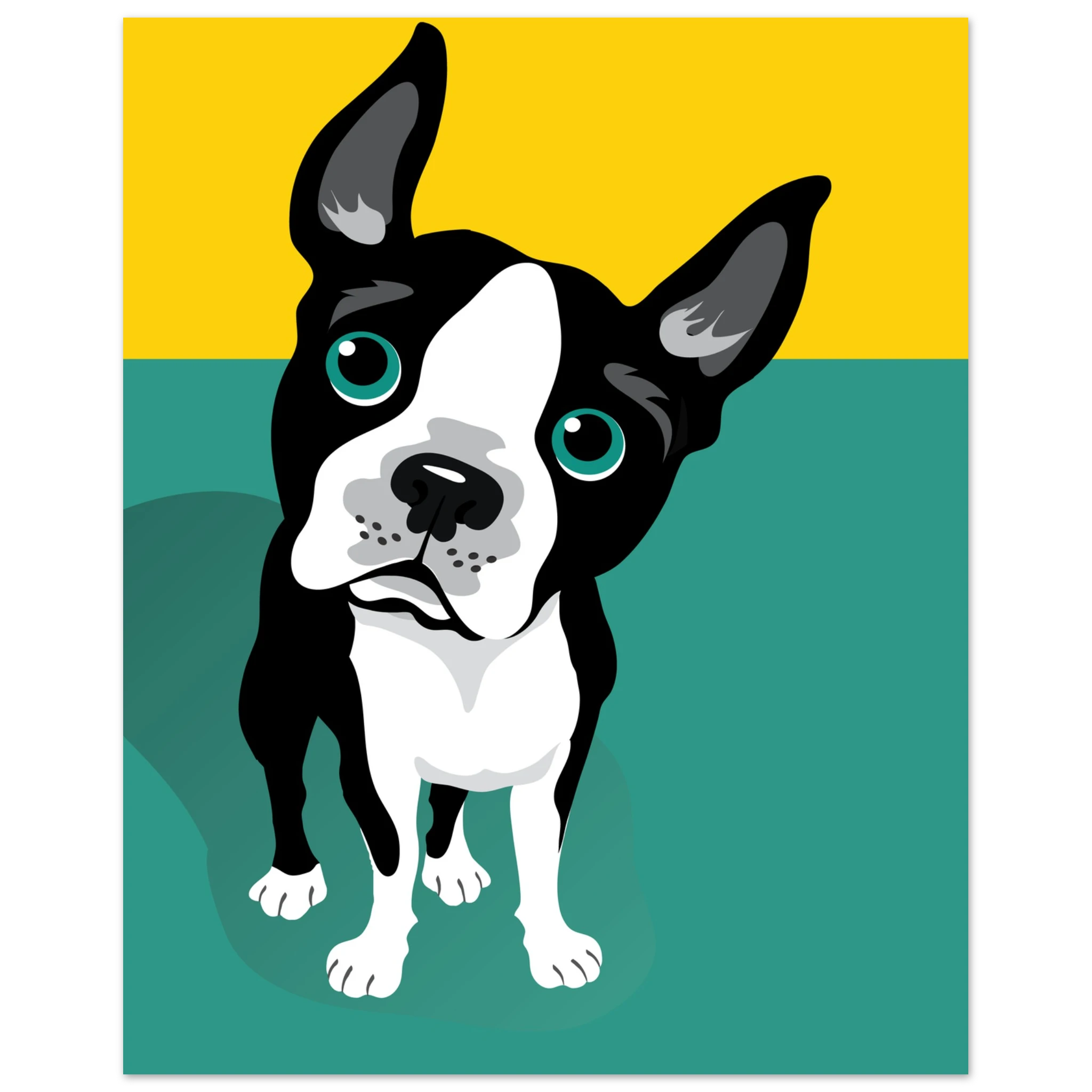 Illustrazione pop art di un Boston Terrier su sfondo verde e giallo, poster moderno per decorazione casa.