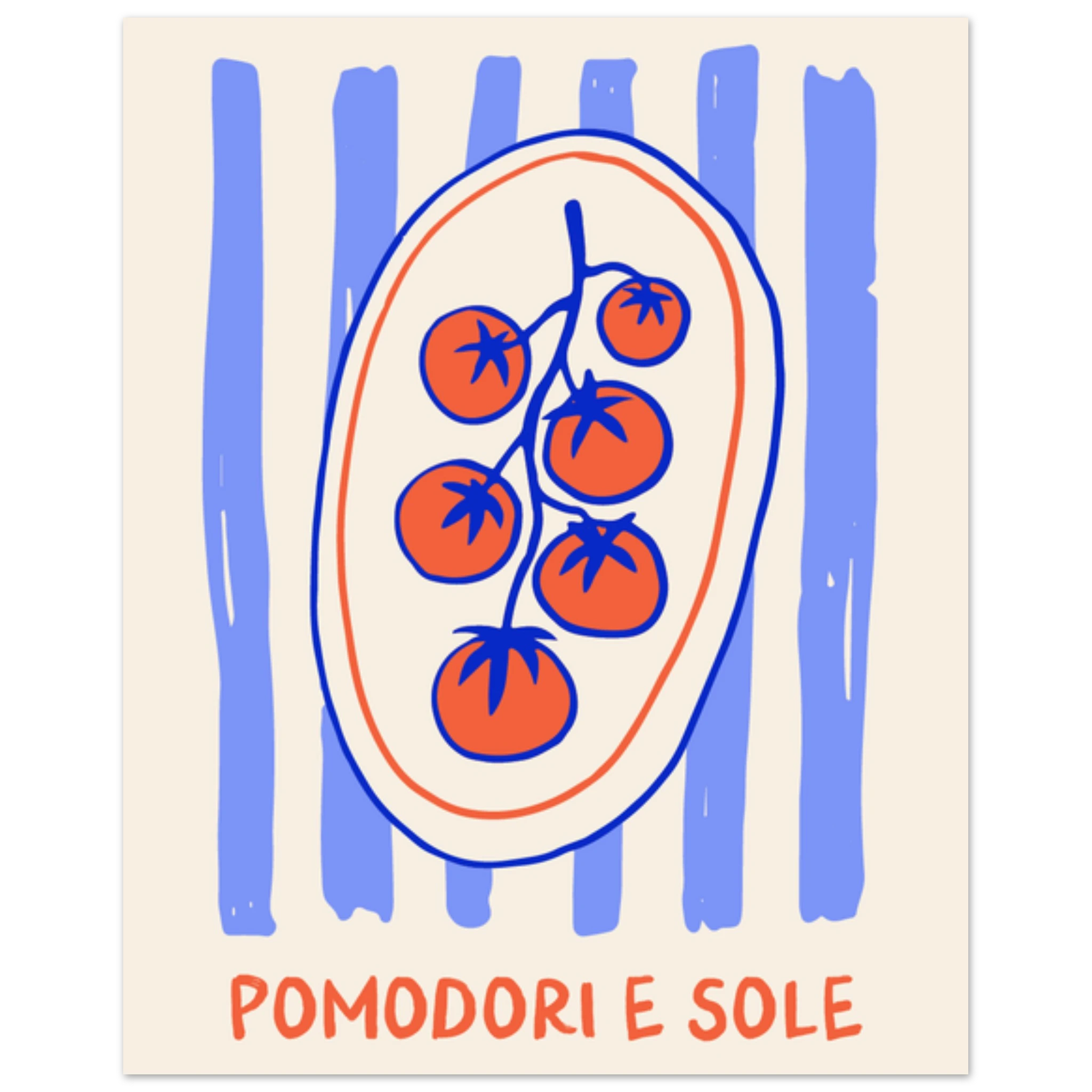 Poster illustrato con pomodori e sole, stile mediterraneo italiano