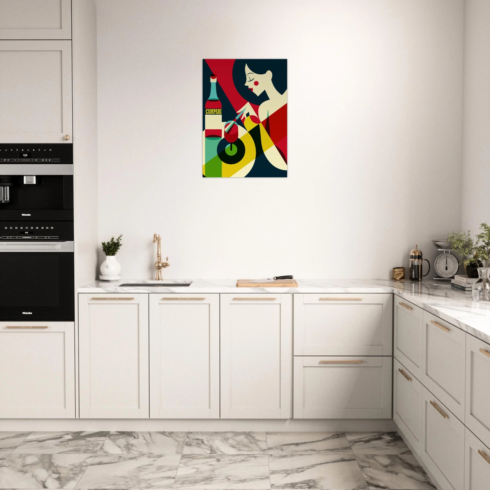 Poster vintage Campari con donna stilizzata e bottiglia, grafica retrò da aperitivo italiano