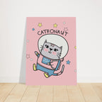Poster per bambini con gatto astronauta illustrato in stile giocoso