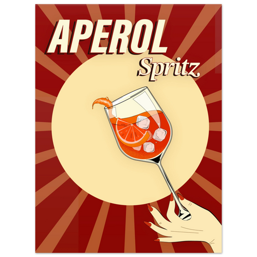Poster Aperol Spritz vintage pop con raggi rétro e bicchiere cocktail, wall art aperitivo italiano