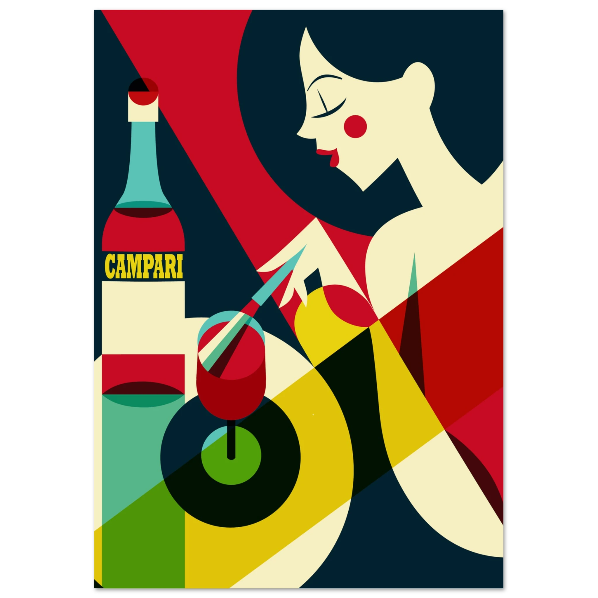 Poster vintage Campari con donna stilizzata e bottiglia, grafica retrò da aperitivo italiano