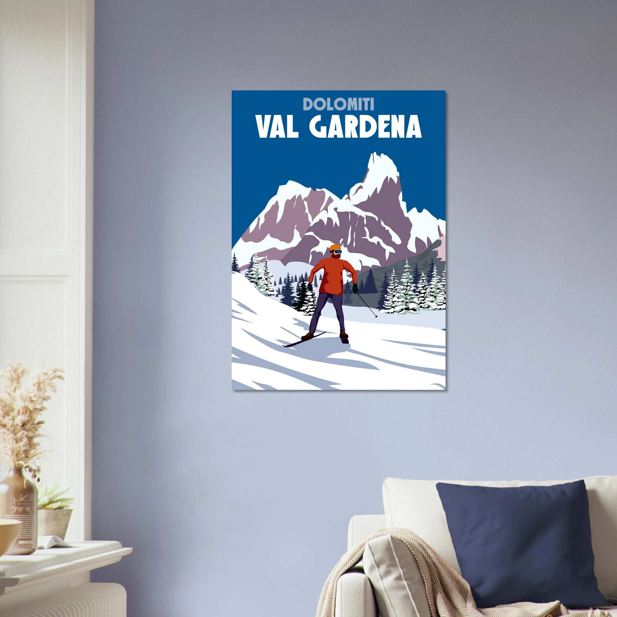 Poster vintage ispirato alla Val Gardena e alle Dolomiti. Arte alpina perfetta per chi ama sci e montagna.