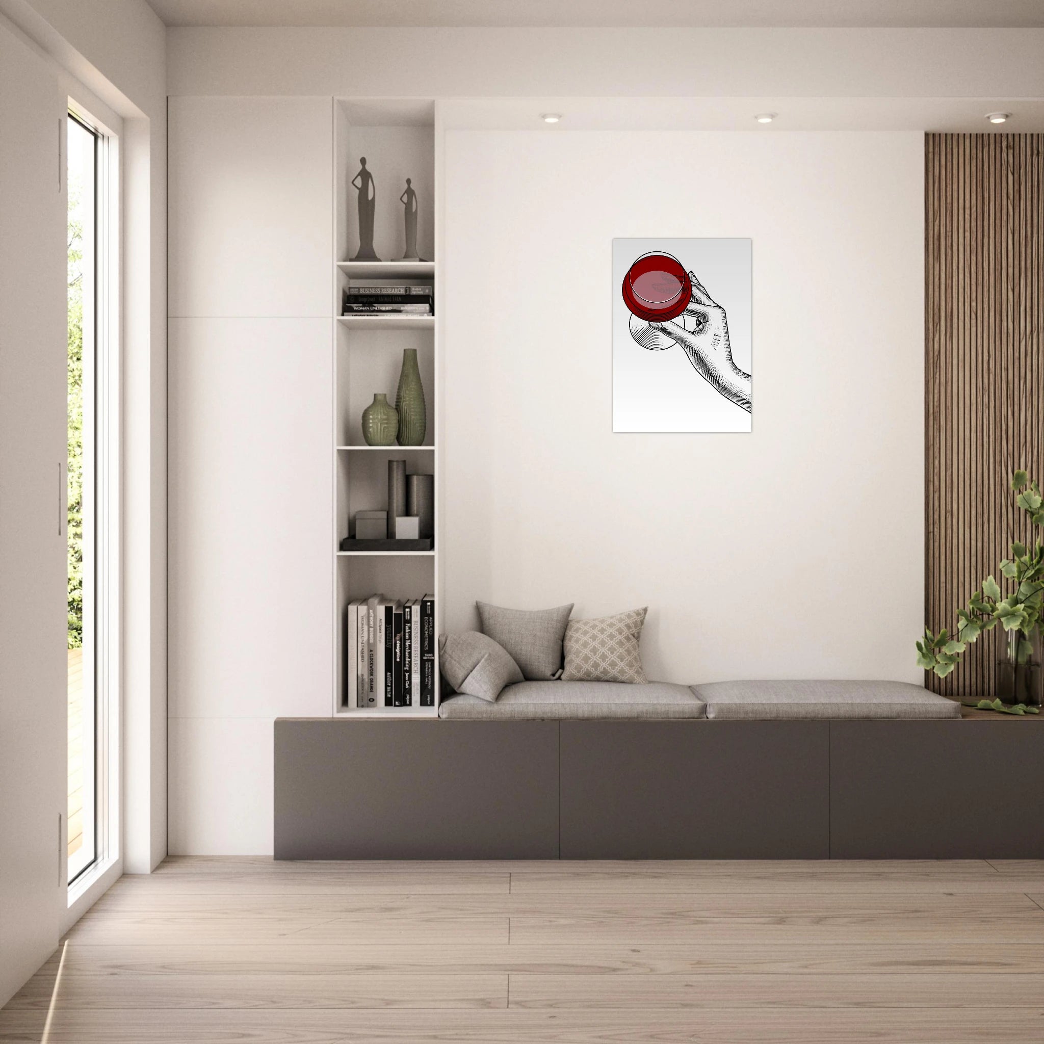 Poster minimal con mano illustrata che regge un bicchiere di vino rosso, line art moderna
