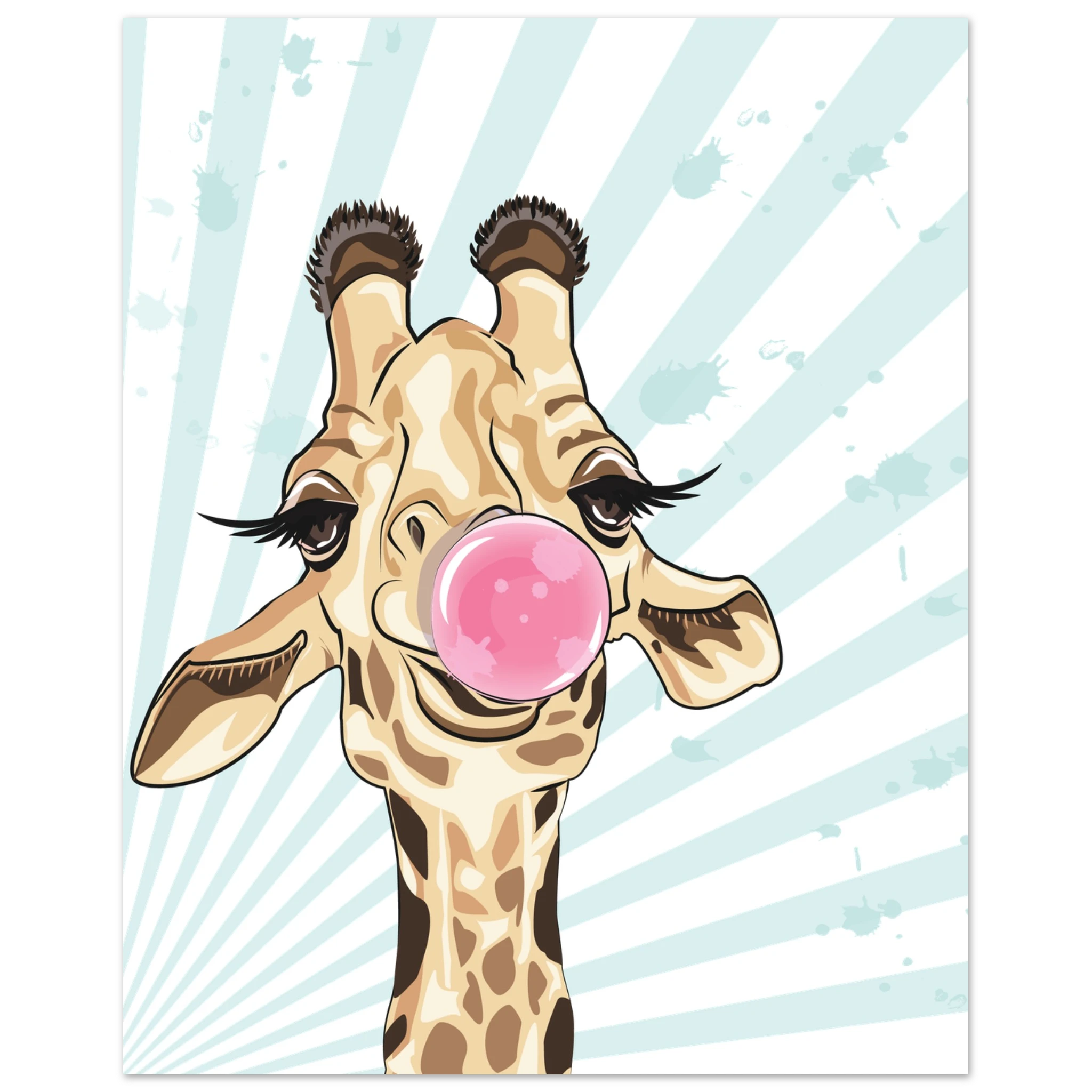Poster con giraffa pop art che fa una bolla di chewing gum rosa, illustrazione moderna su sfondo azzurro