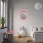 Poster per bambini con gatto astronauta illustrato in stile giocoso