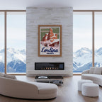 Poster illustrato di Cortina ispirato alle Alpi e agli sport invernali, in stile iconico e contemporaneo