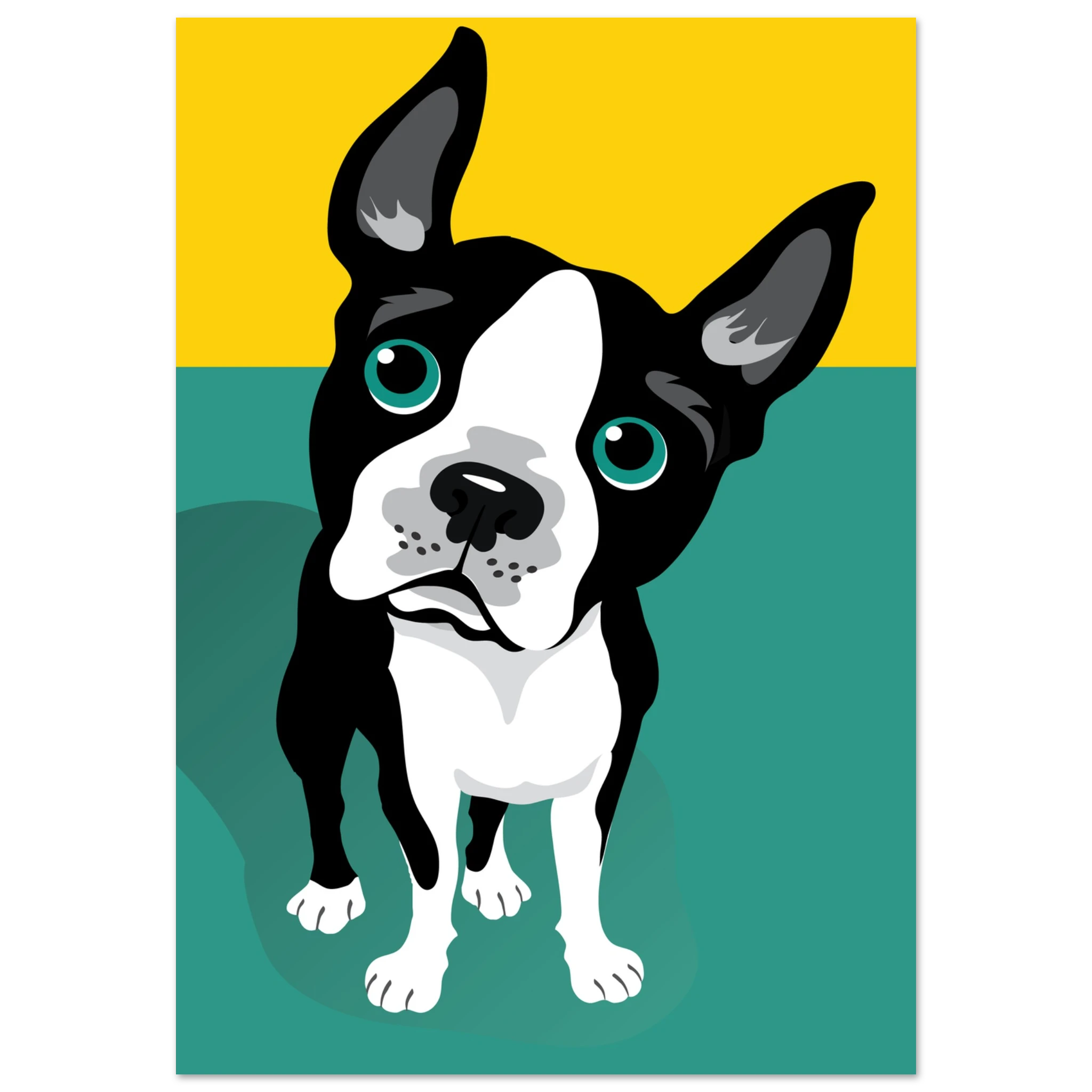 Illustrazione pop art di un Boston Terrier su sfondo verde e giallo, poster moderno per decorazione casa.