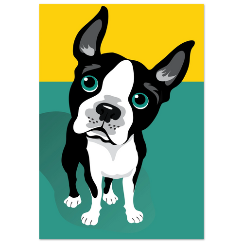 Illustrazione pop art di un Boston Terrier su sfondo verde e giallo, poster moderno per decorazione casa.