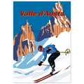 Poster Valle d’Aosta con sciatore in discesa e montagne alpine, illustrazione grafica moderna stile travel vintage wall art
