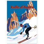 Poster Valle d’Aosta con sciatore in discesa e montagne alpine, illustrazione grafica moderna stile travel vintage wall art
