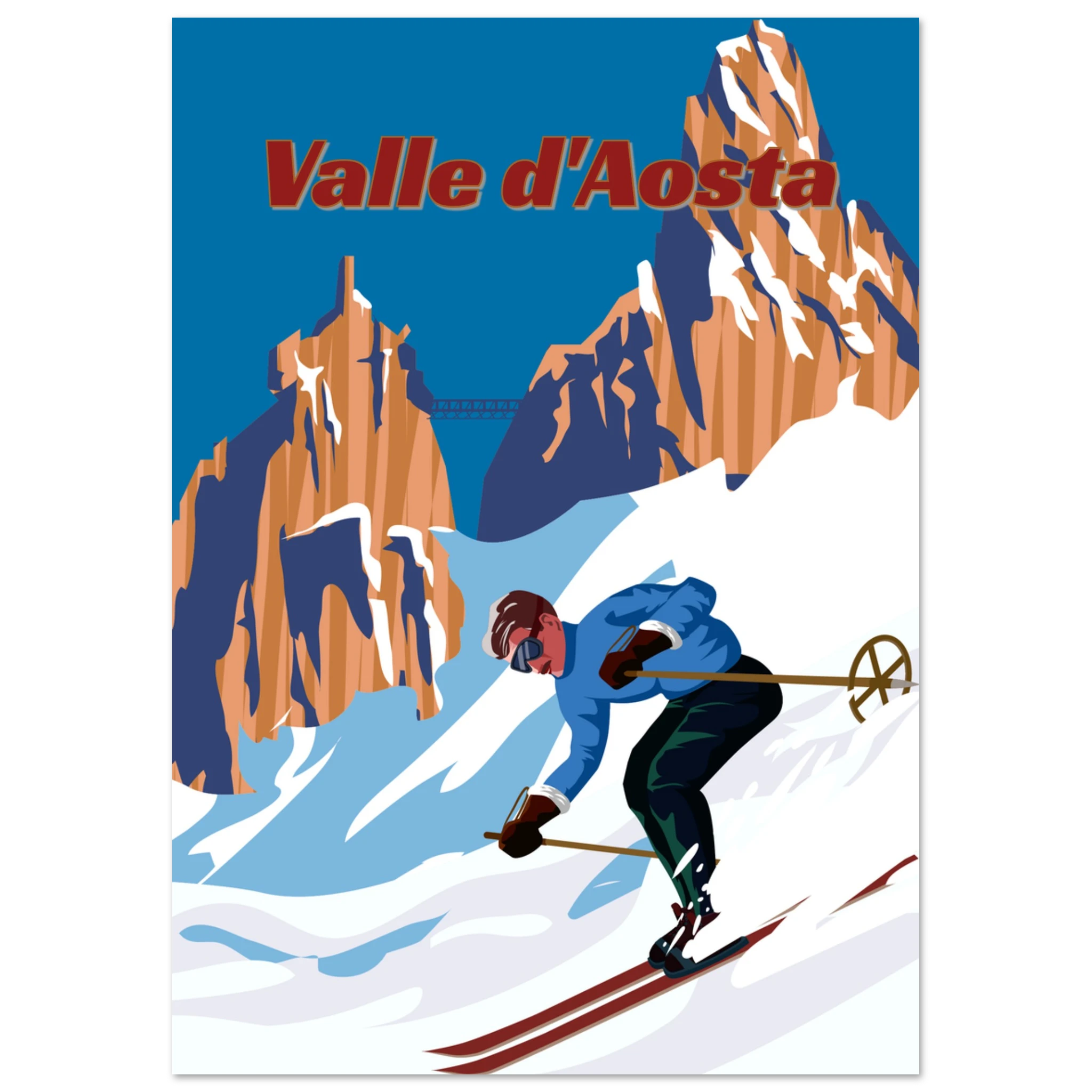 Poster Valle d’Aosta con sciatore in discesa e montagne alpine, illustrazione grafica moderna stile travel vintage wall art
