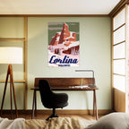 Poster illustrato di Cortina ispirato alle Alpi e agli sport invernali, in stile iconico e contemporaneo