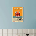 Poster illustrato Negroni in stile vintage con cocktail rosso, arancia e ricetta, perfetto per decorare un angolo bar o cucina moderna.