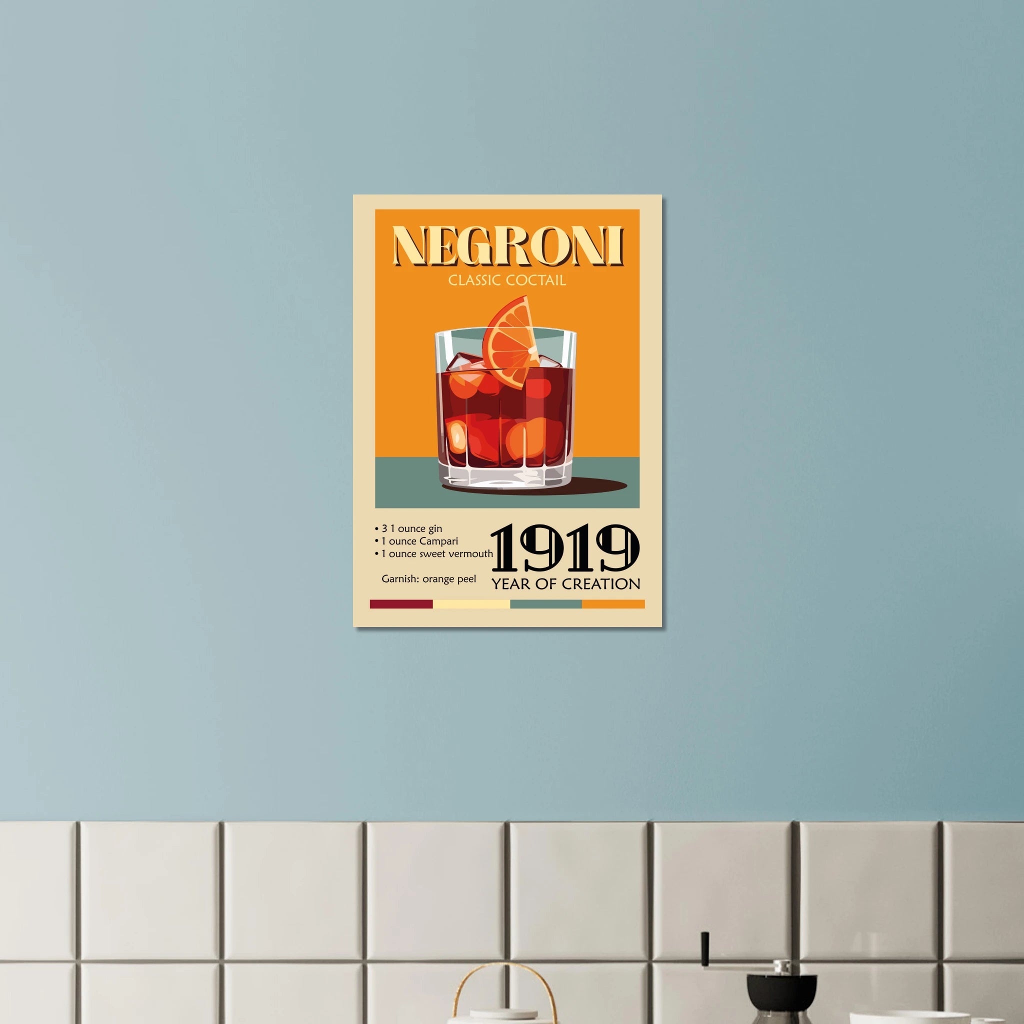 Poster illustrato Negroni in stile vintage con cocktail rosso, arancia e ricetta, perfetto per decorare un angolo bar o cucina moderna.
