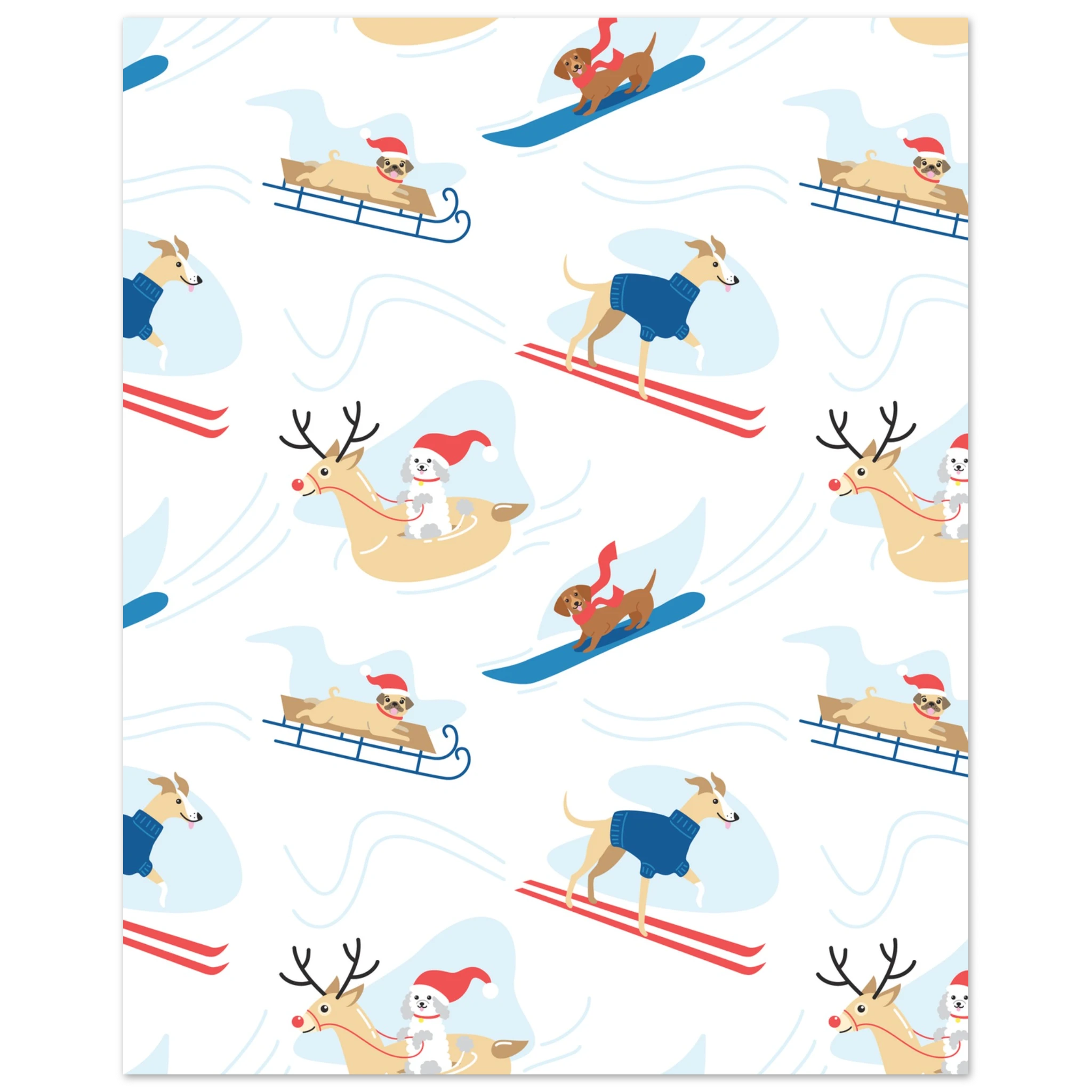 Poster montagna illustrato con cani sulla neve tra sci e slitte, stile vintage