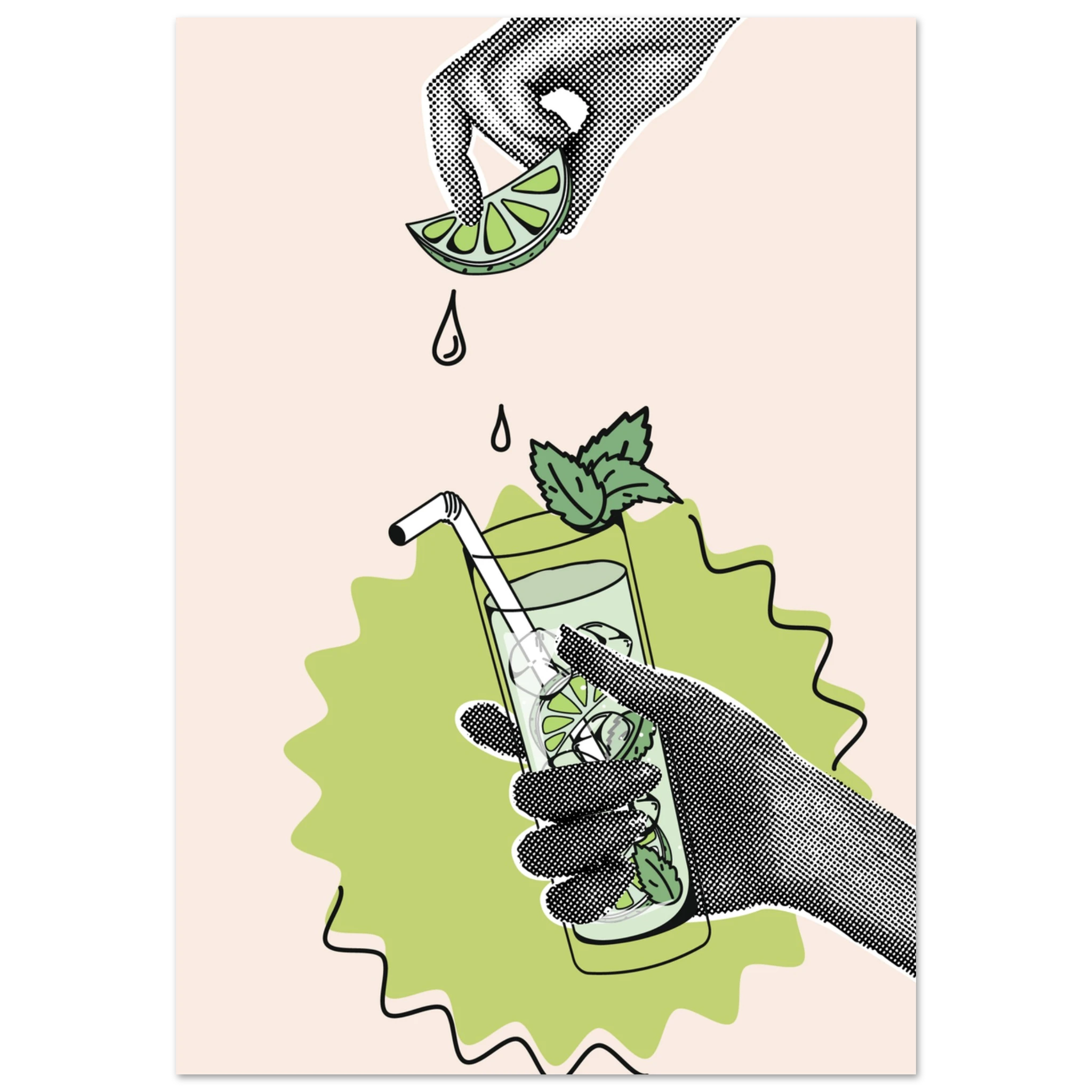 Illustrazione collage: una mano tiene un bicchiere con cannuccia e foglie di menta mentre un lime viene spremuto sopra, con gocce di succo.