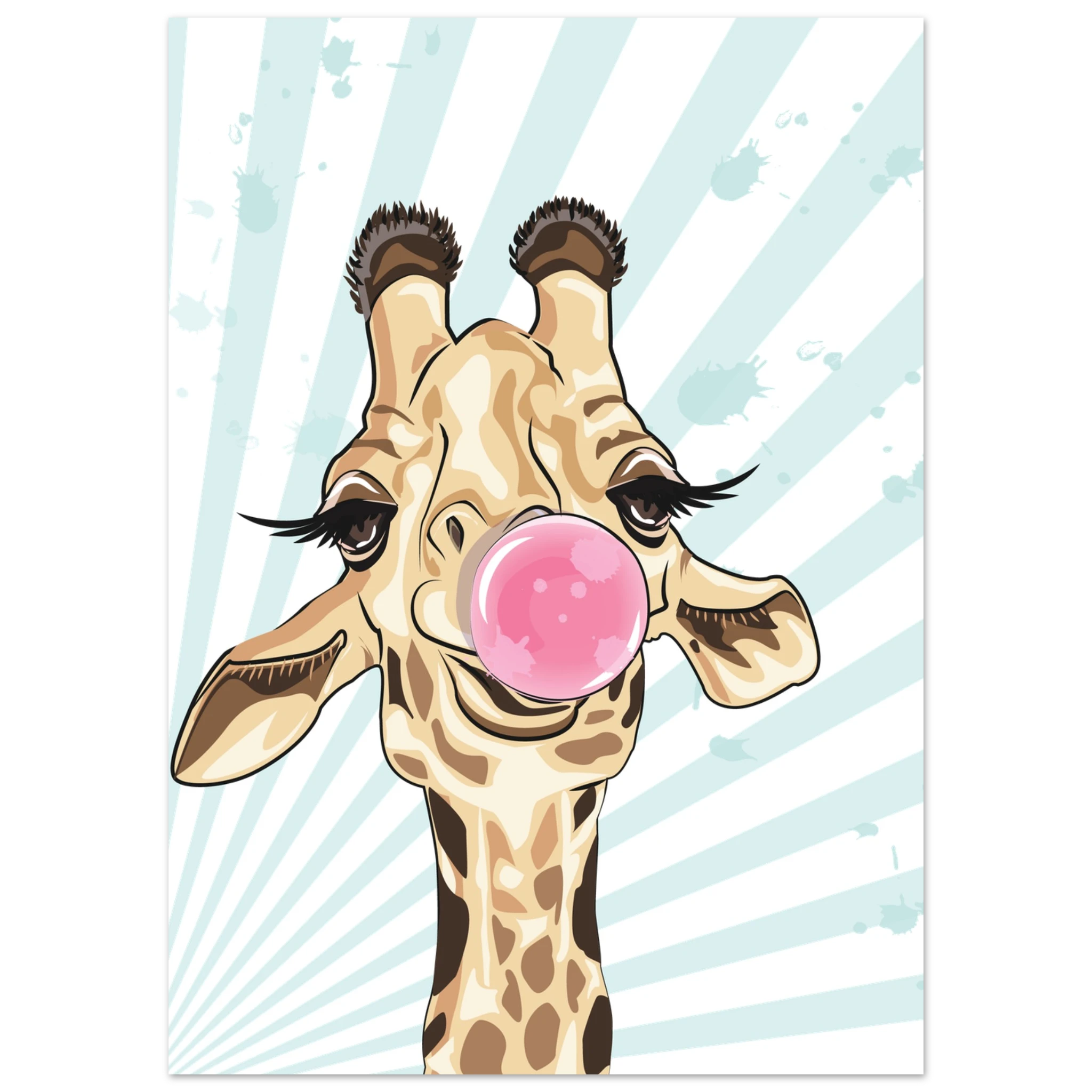 Poster con giraffa pop art che fa una bolla di chewing gum rosa, illustrazione moderna su sfondo azzurro