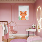 Poster illustrato per bambini con una volpe sorridente in stile dolce e colori pastello