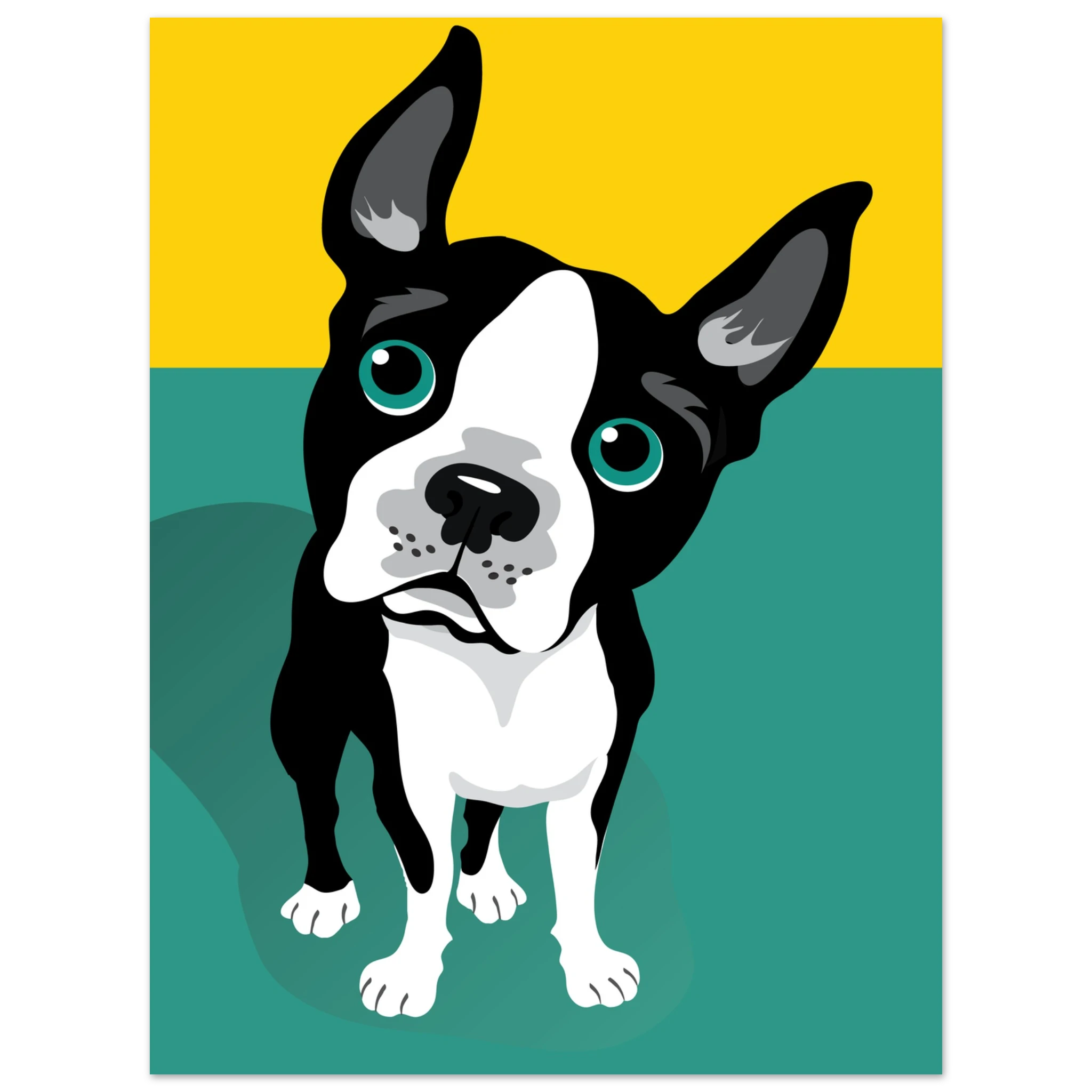 Illustrazione pop art di un Boston Terrier su sfondo verde e giallo, poster moderno per decorazione casa.